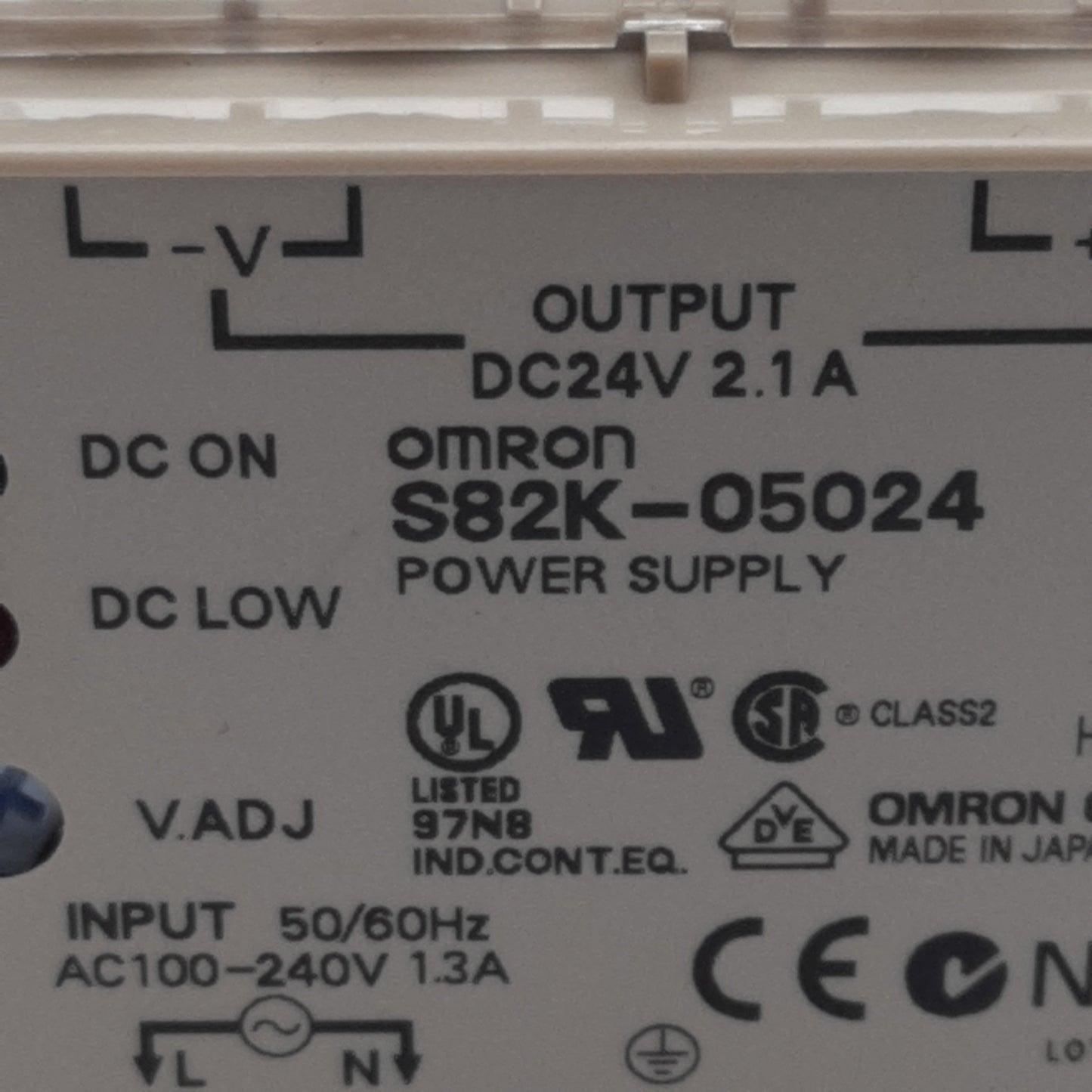Used Omron S82K-05024 Power Supply, 100-240VAC In, 2.1A 24VDC Out, DIN Rail