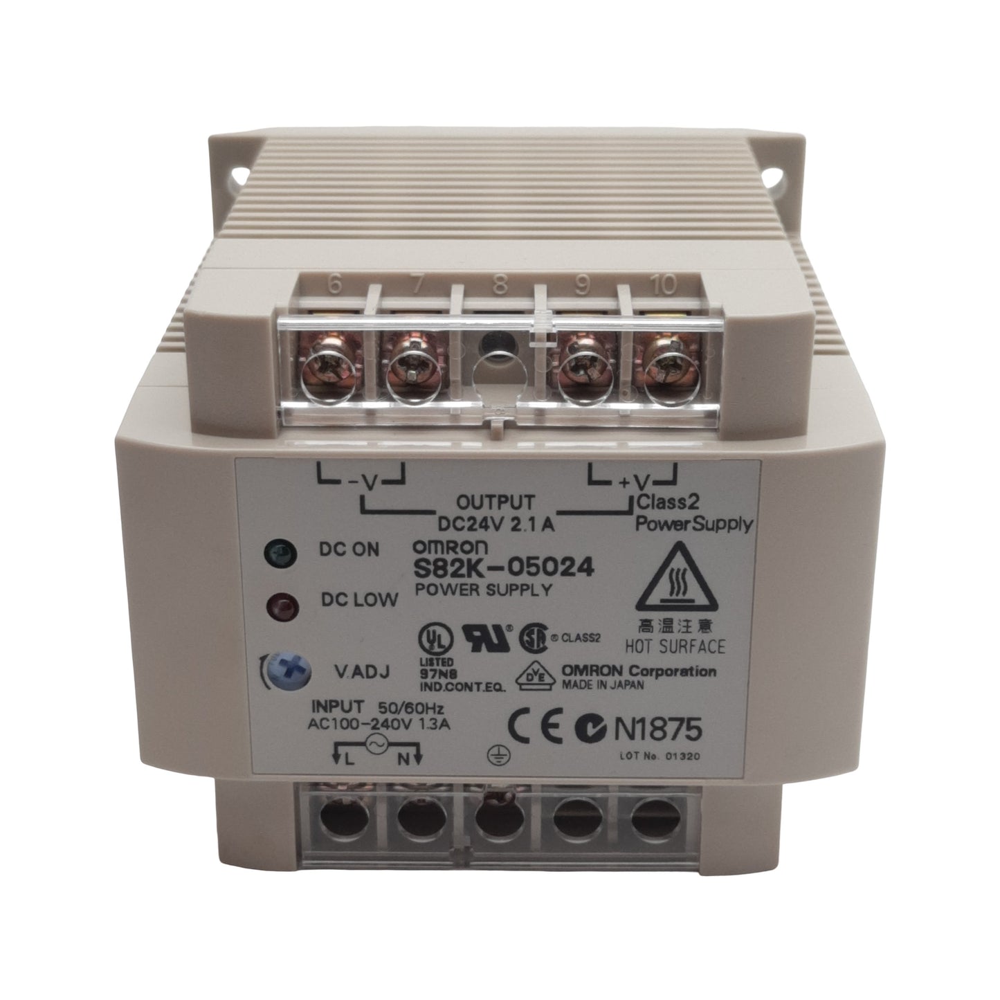 Used Omron S82K-05024 Power Supply, 100-240VAC In, 2.1A 24VDC Out, DIN Rail