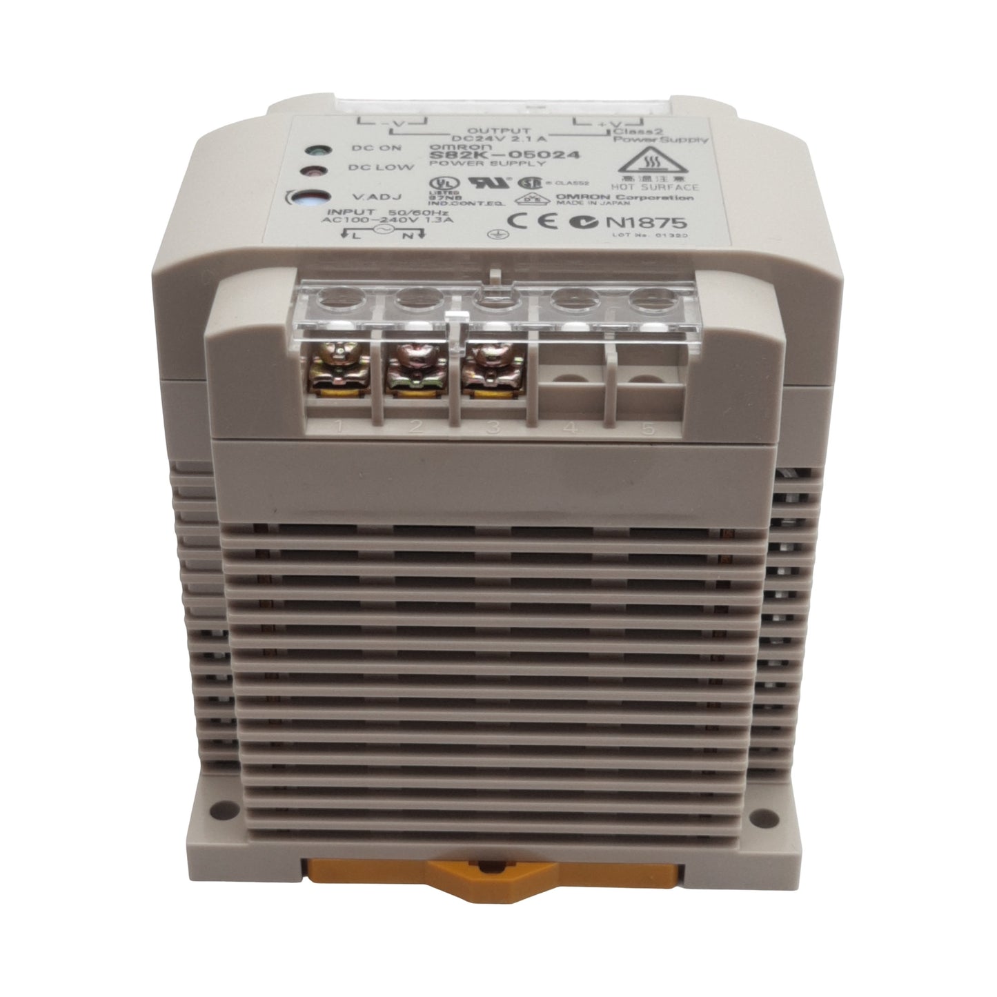 Used Omron S82K-05024 Power Supply, 100-240VAC In, 2.1A 24VDC Out, DIN Rail
