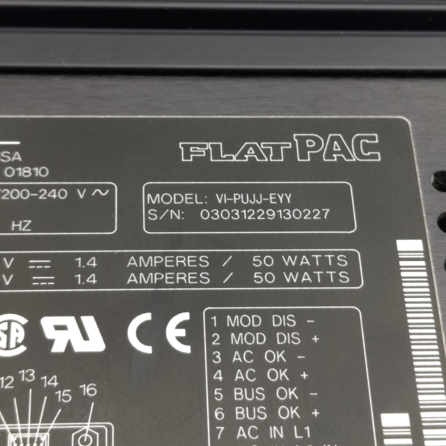 Used Vicor VI-PUJJ-EYY Flat Pac Power Supply, 2x Output 36VDC 1.4A 50W, 120/240VAC In