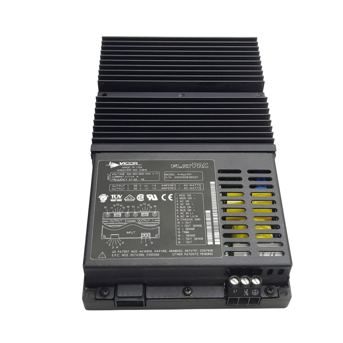 Used Vicor VI-PUJJ-EYY Flat Pac Power Supply, 2x Output 36VDC 1.4A 50W, 120/240VAC In