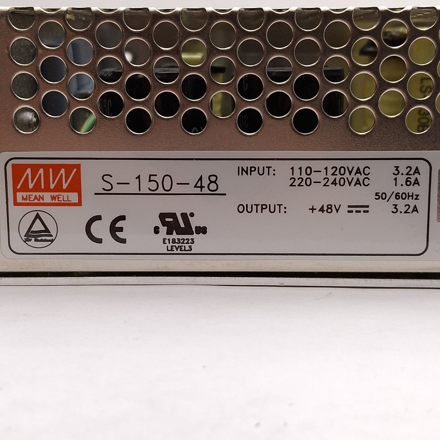 Used Mean Well S-150-48 Power Supply, 150W, 48VDC 3.2A Out, 115/230VAC 3.2/1.6A In