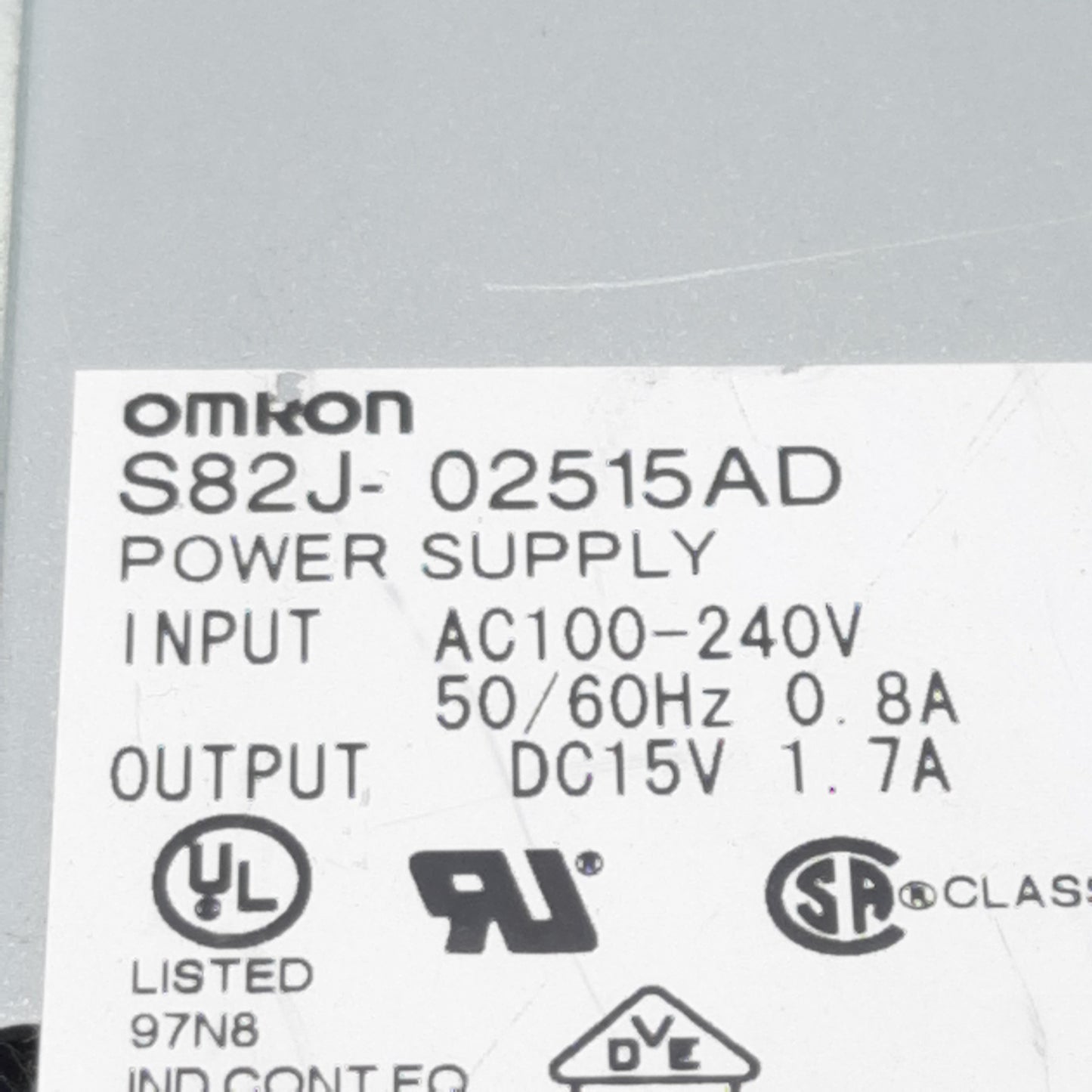 Used Omron S82J-02515AD Power Supply, 100-240VAC In, 1.7A 15VDC Out, 25W, DIN Rail
