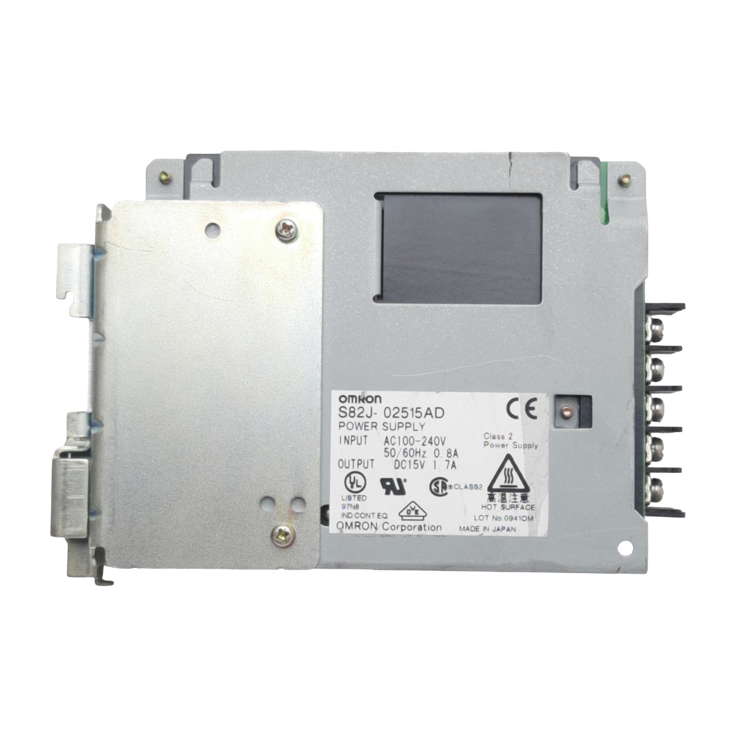 Used Omron S82J-02515AD Power Supply, 100-240VAC In, 1.7A 15VDC Out, 25W, DIN Rail