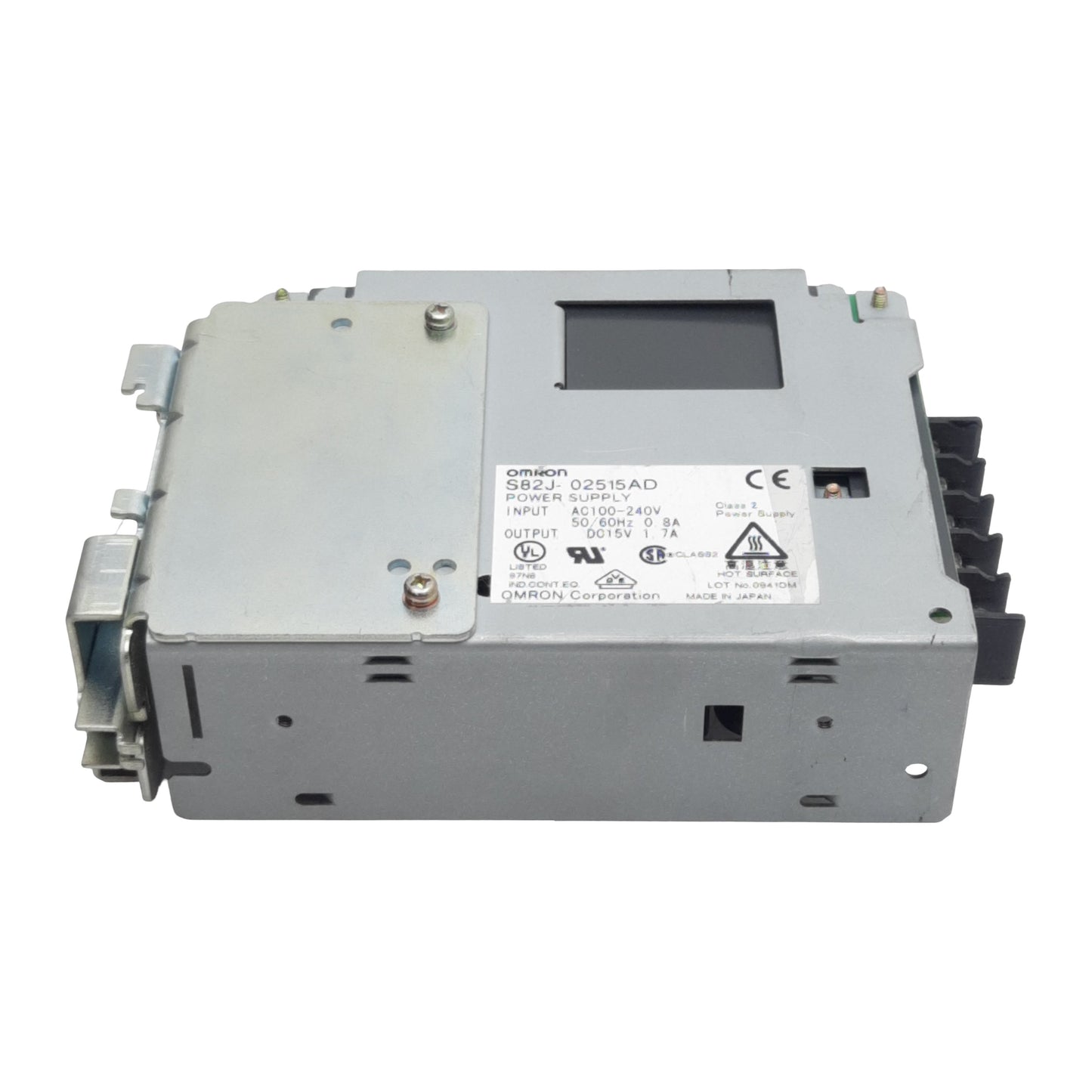 Used Omron S82J-02515AD Power Supply, 100-240VAC In, 1.7A 15VDC Out, 25W, DIN Rail