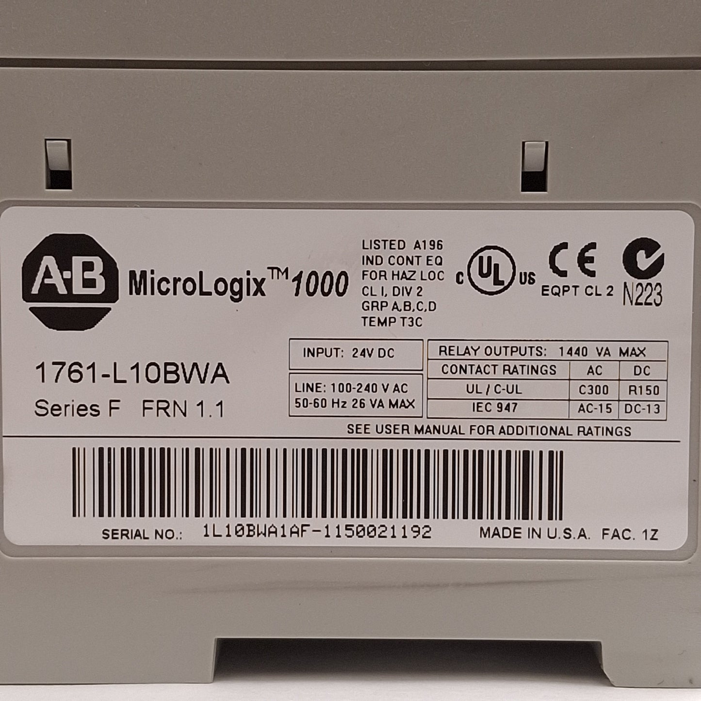 Used Allen Bradley 1761-L10BWA MicroLogix 1000 Controller, 6 DC Input, 4 Relay Output