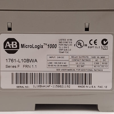Used Allen Bradley 1761-L10BWA MicroLogix 1000 Controller, 6 DC Input, 4 Relay Output
