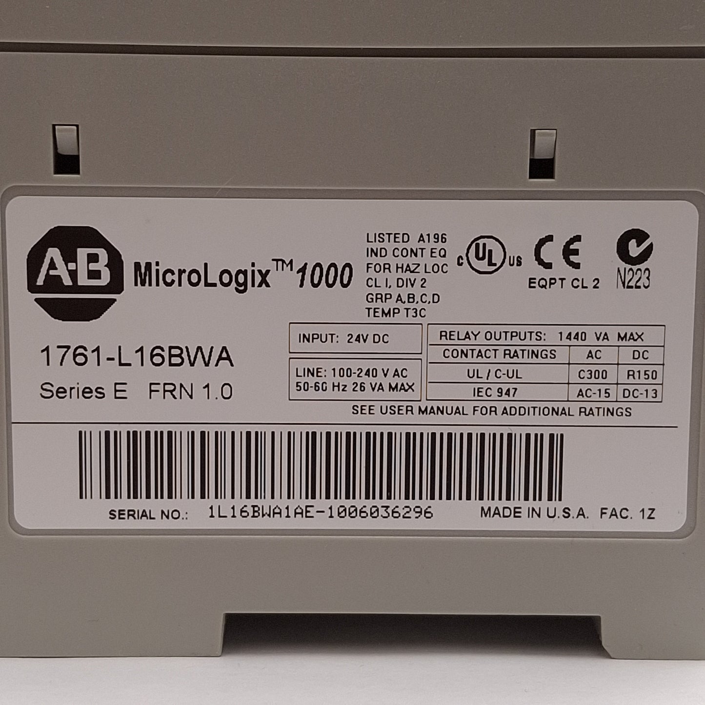 Used Allen Bradley 1761-L16BWA MicroLogix 1000 Controller, 10x DC IN, 6x Relay OUT