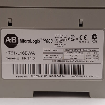 Used Allen Bradley 1761-L16BWA MicroLogix 1000 Controller, 10x DC IN, 6x Relay OUT