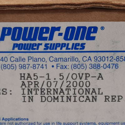 New Power-One HA5-1.5/OVP-A Power Supply, 100/240VAC In, 5VDC 1.5A Out Panel Mount