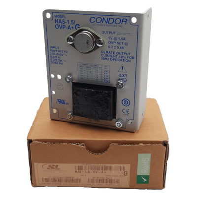 New Condor HA5-1.5/OVP-A+G Power Supply, 100/240VAC In, 1.5A 5VDC Out, Panel Mount