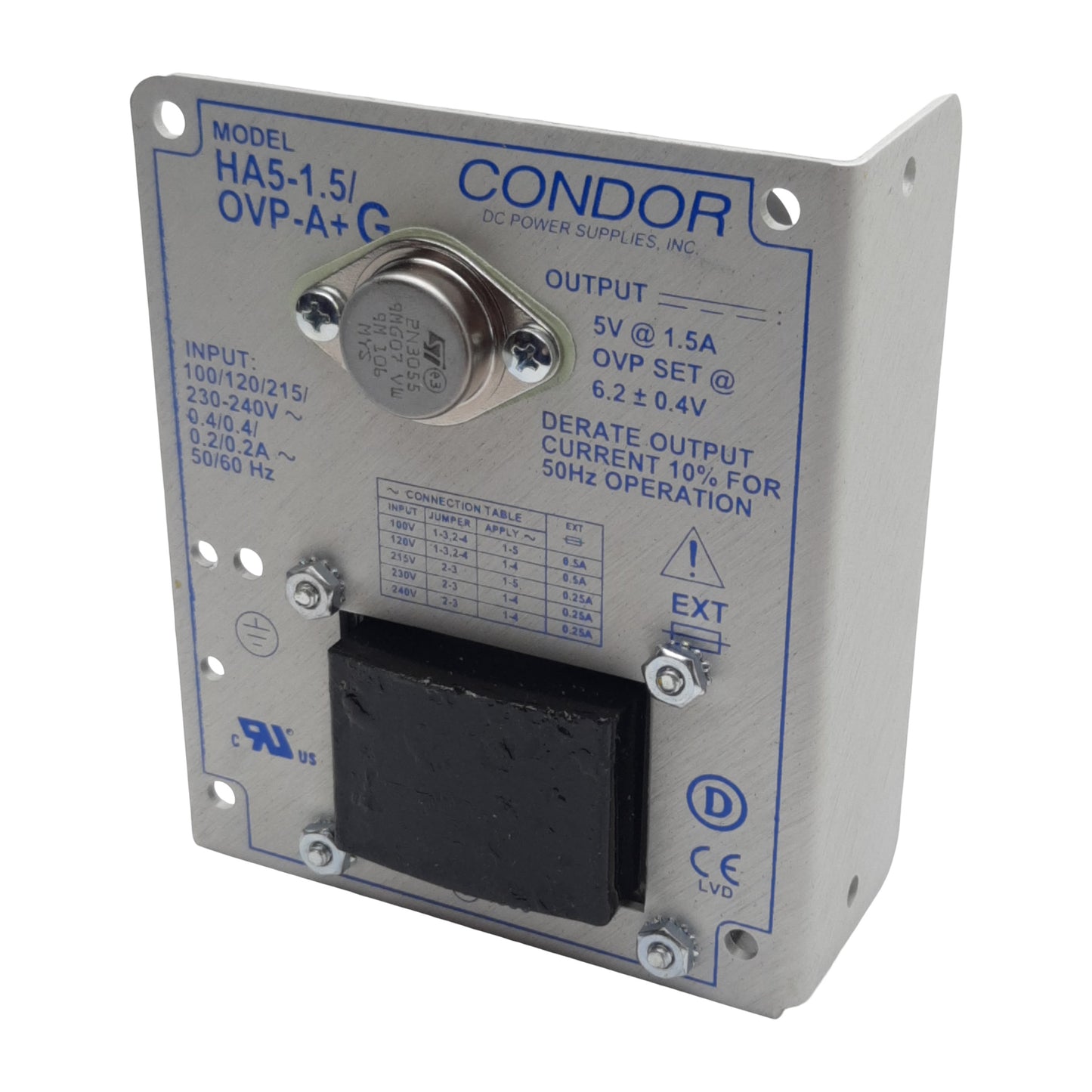 New Condor HA5-1.5/OVP-A+G Power Supply, 100/240VAC In, 1.5A 5VDC Out, Panel Mount