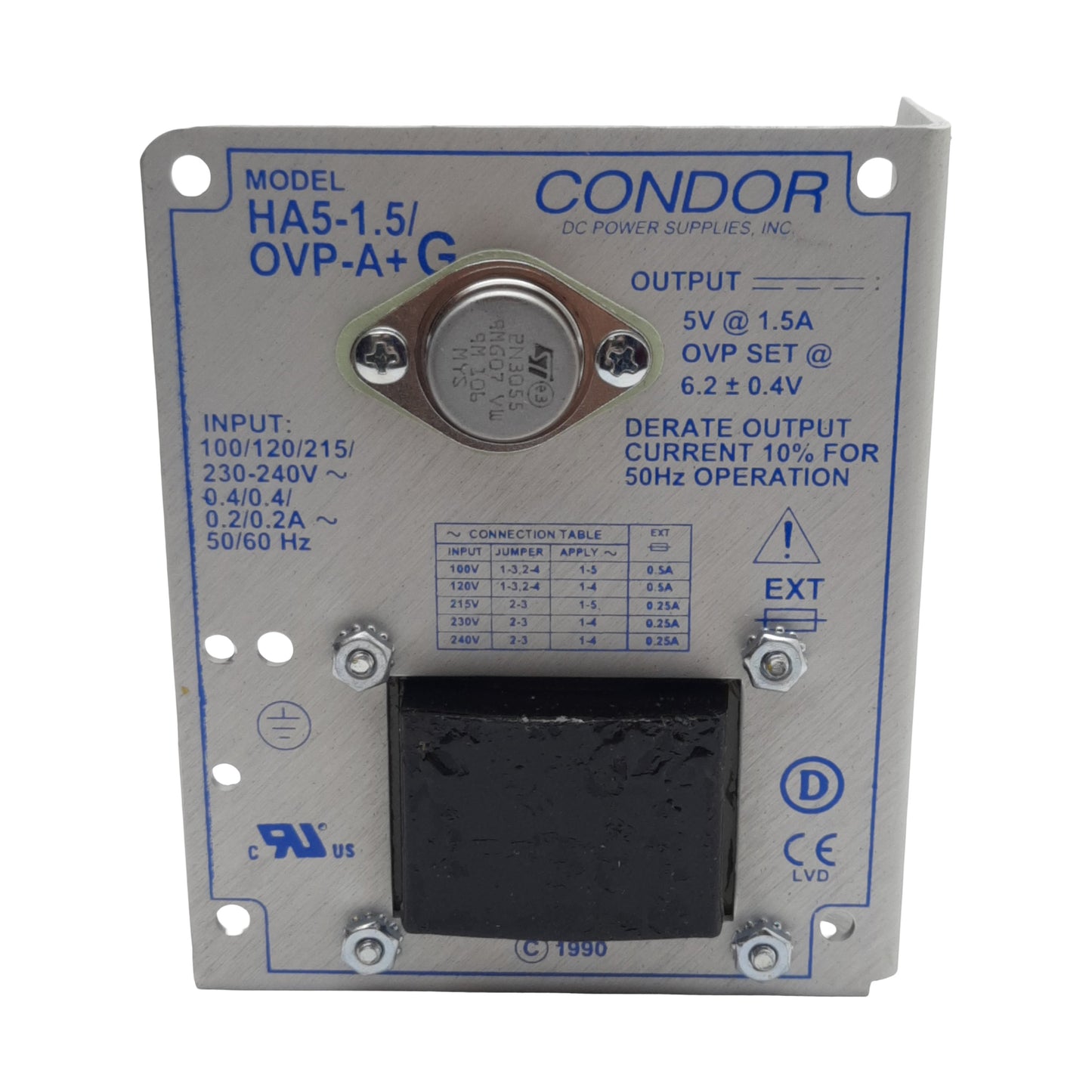 New Condor HA5-1.5/OVP-A+G Power Supply, 100/240VAC In, 1.5A 5VDC Out, Panel Mount