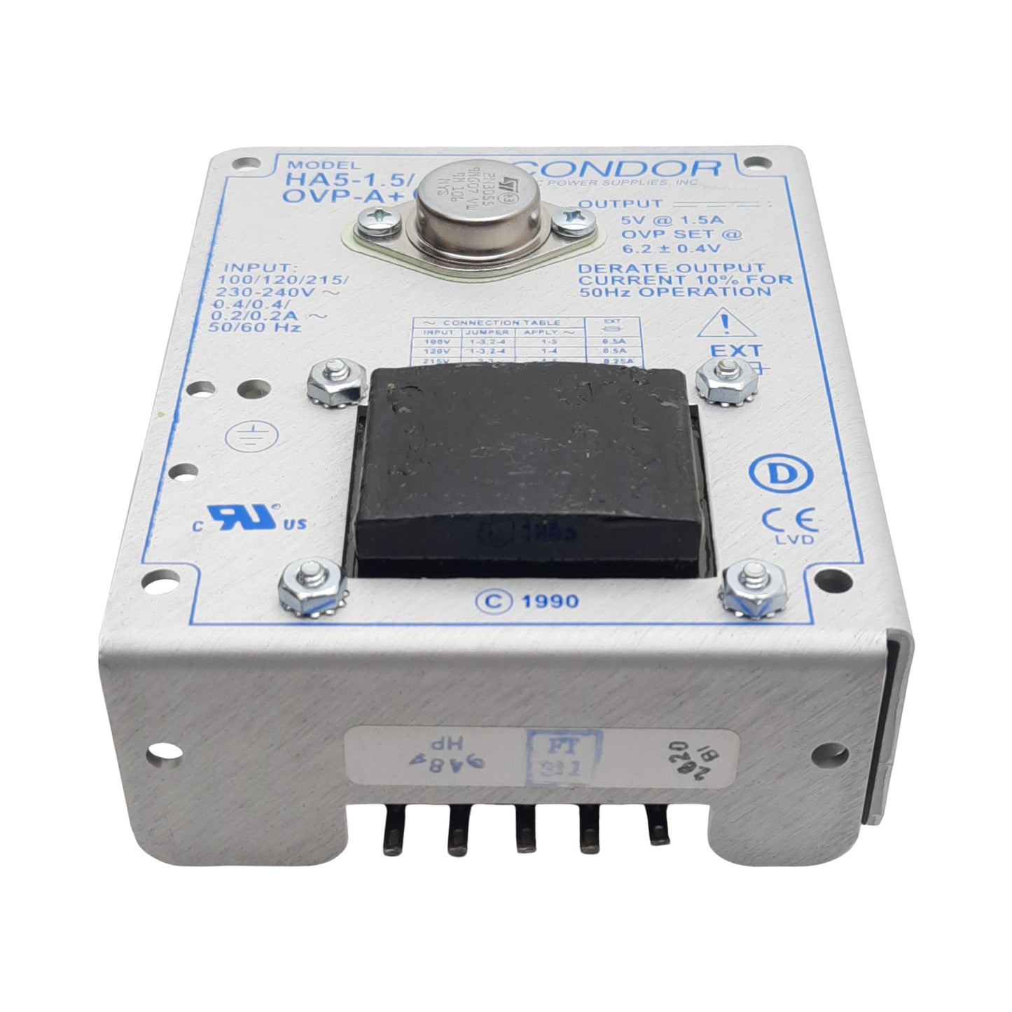 New Condor HA5-1.5/OVP-A+G Power Supply, 100/240VAC In, 1.5A 5VDC Out, Panel Mount