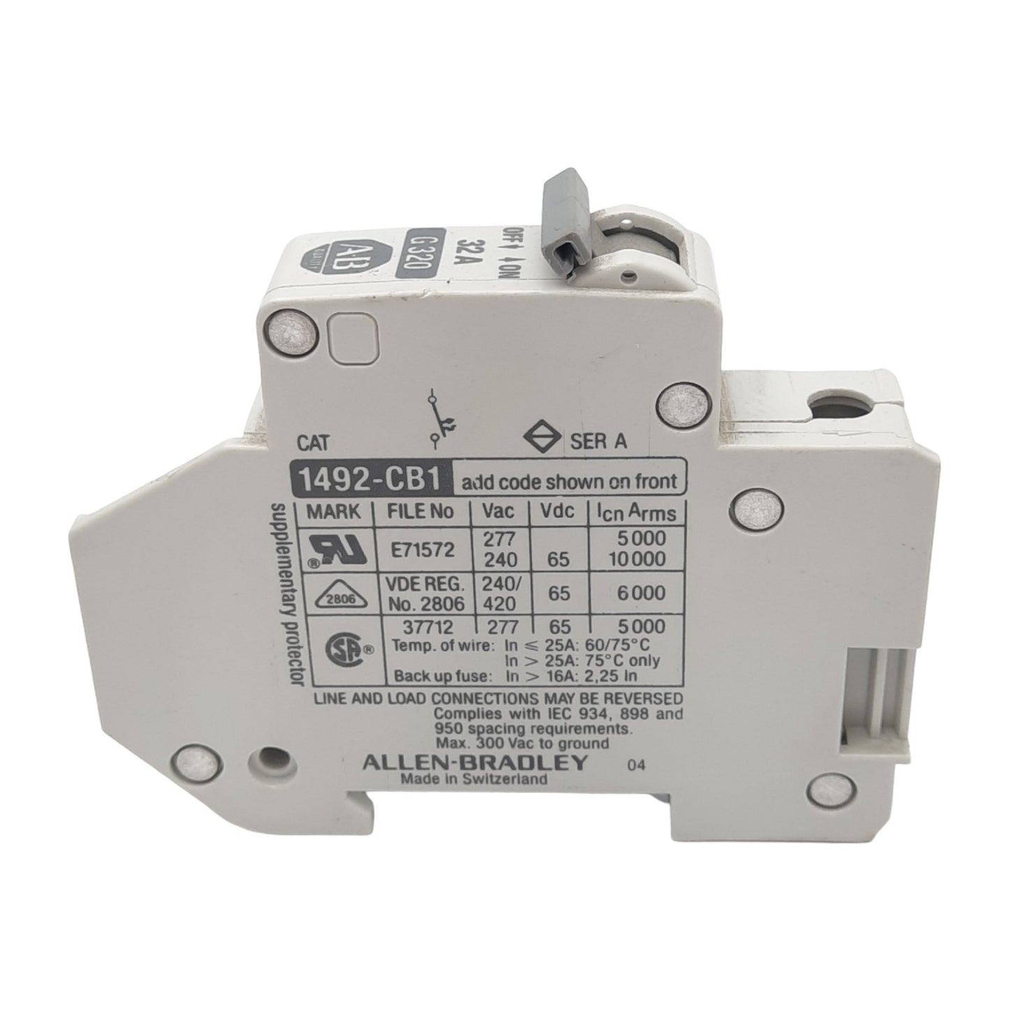 Used Allen Bradley 1492-CB1G320 Circuit Breaker, 1-Pole, 32A, 277VAC Max, DIN Rail