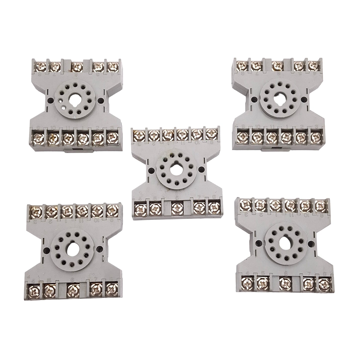 Used Lot of 5 Dayton 6X156E Relay Socket Base, 10A 300VAC, 11-Pin Octal, DIN Rail