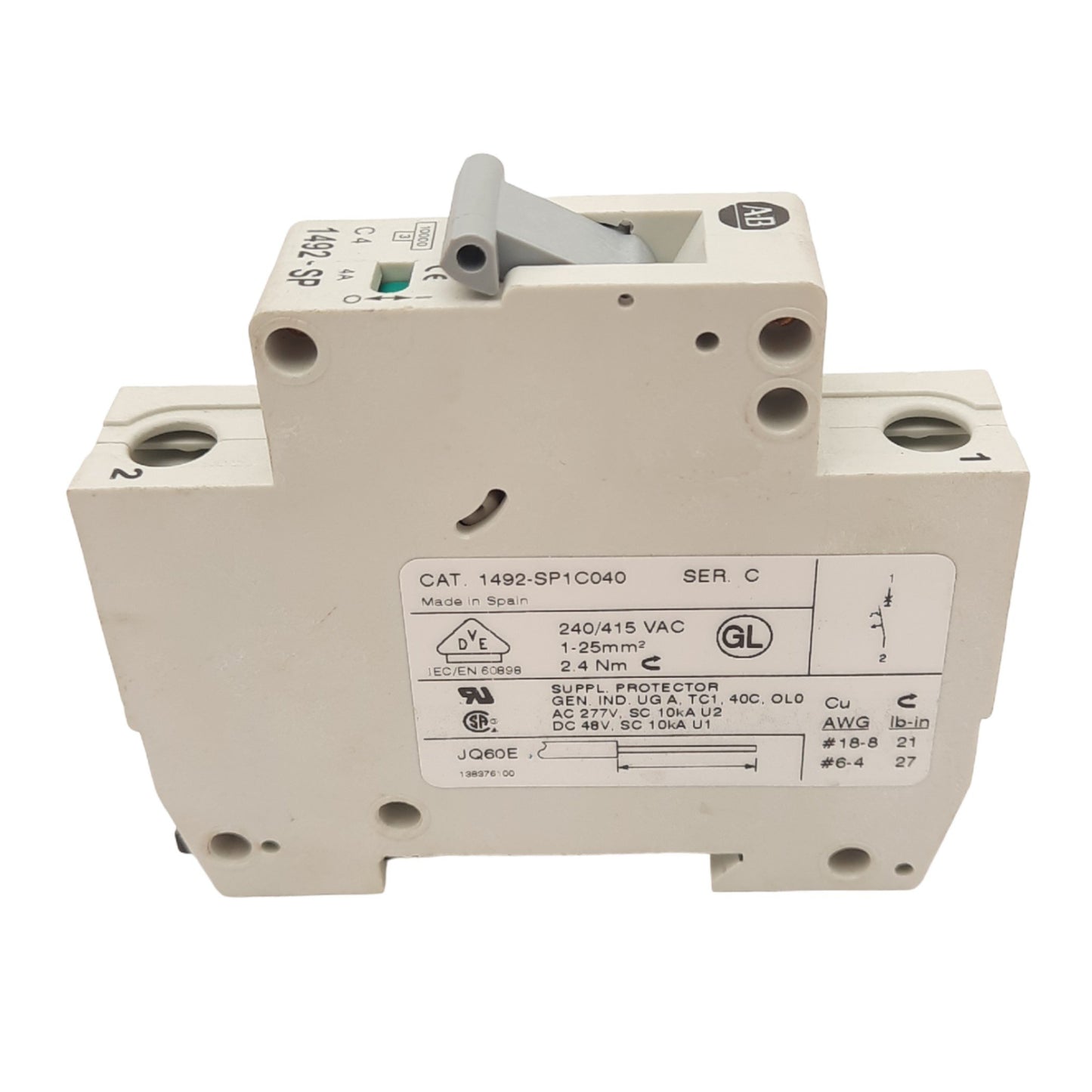 Used Allen Bradley 1492-SP1C040 Circuit Breaker, 1-Pole, 4A, 277VAC Max, DIN Rail