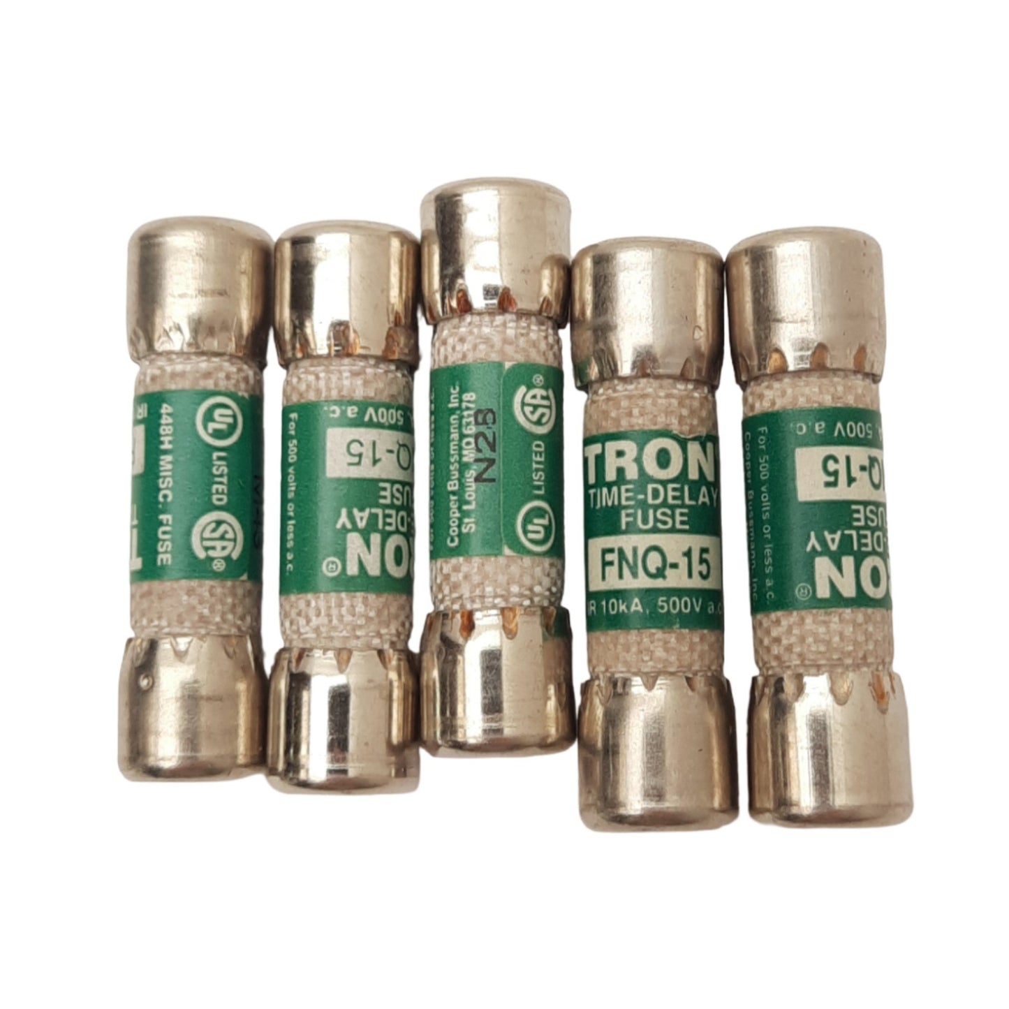 Used Lot of 5 Eaton Bussmann FNQ-15 TRON Time Delay Fuses, 15A, 500VAC Max, Class CC