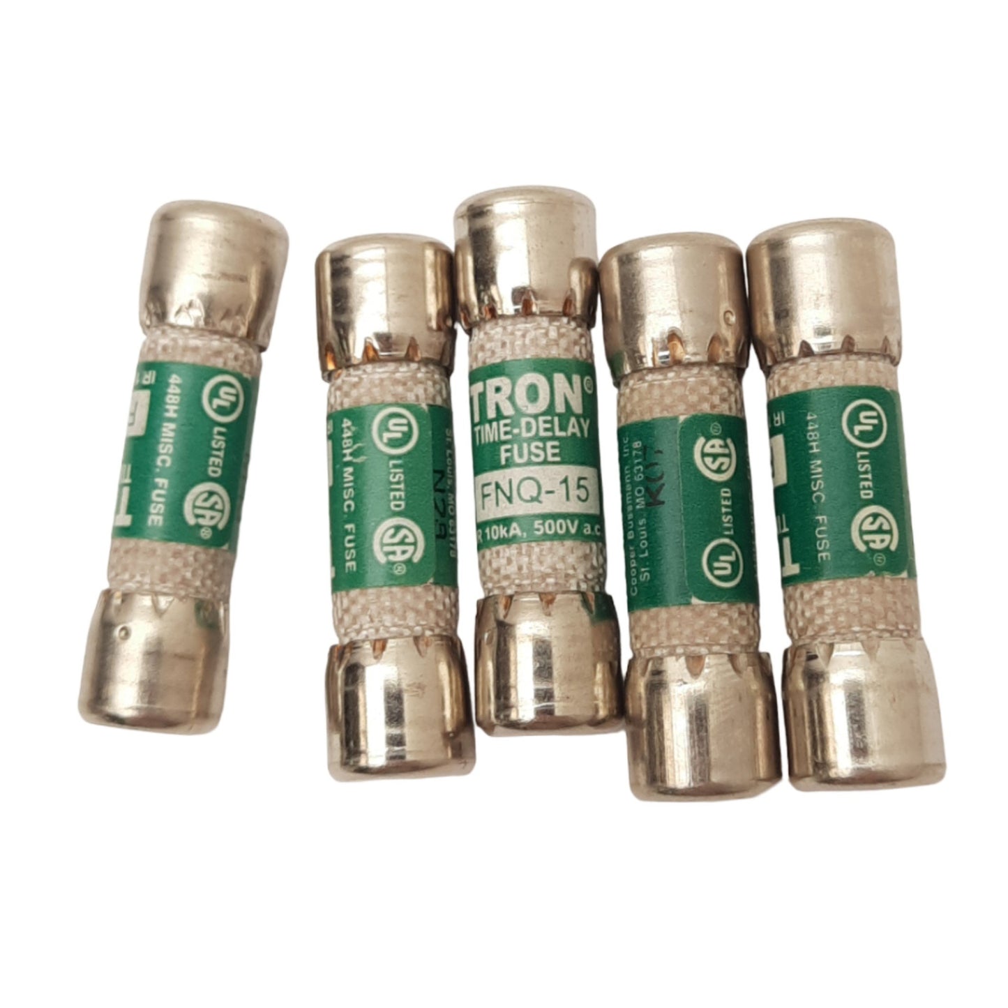 Used Lot of 5 Eaton Bussmann FNQ-15 TRON Time Delay Fuses, 15A, 500VAC Max, Class CC