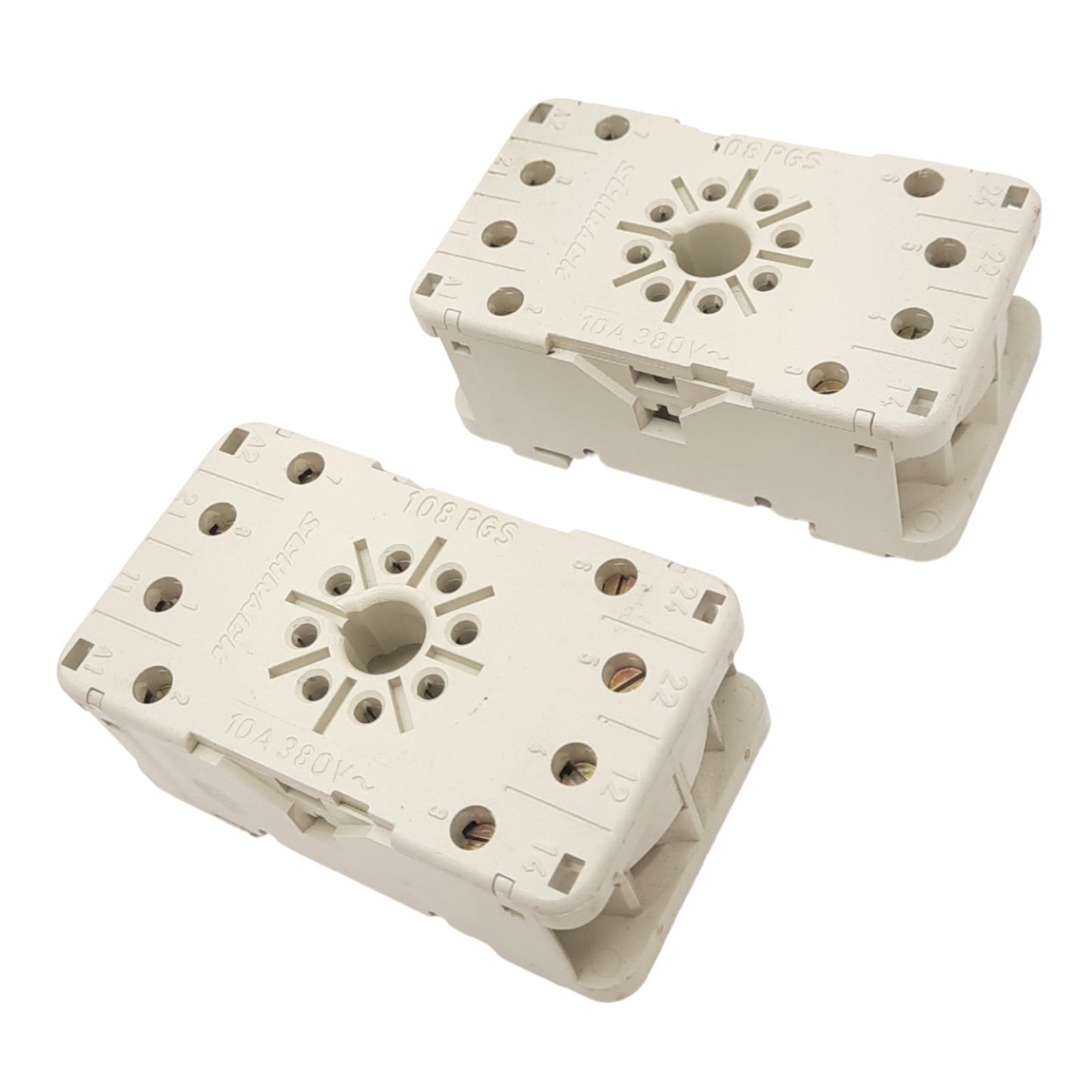 Used Lot of 2 SCHRACK 108PGS Relay Sockets, 8-Pin Octal, 300V 10A Max, DIN Rail Mount