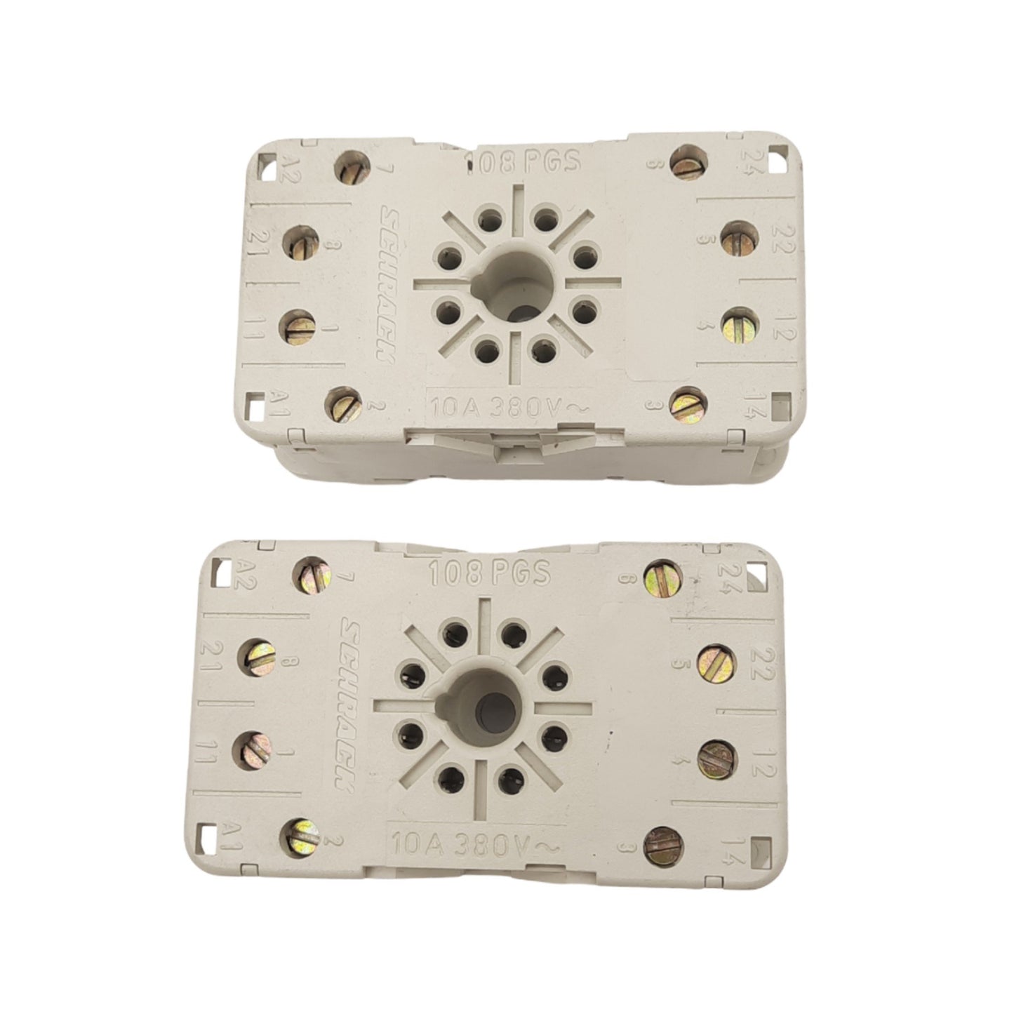 Used Lot of 2 SCHRACK 108PGS Relay Sockets, 8-Pin Octal, 300V 10A Max, DIN Rail Mount