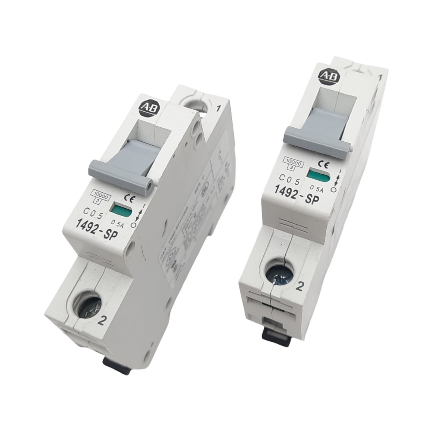 Used Lot of 2 Allen Bradley 1492-SP1C005 Circuit Breakers, 1-Pole, 0.5A, 277VAC Max