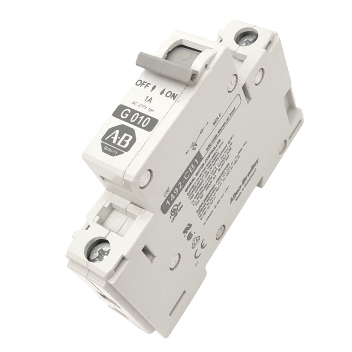 Used Allen Bradley 1492-CB1G010 Circuit Breaker, 1-Pole, 1A, 277VAC Max, DIN Rail