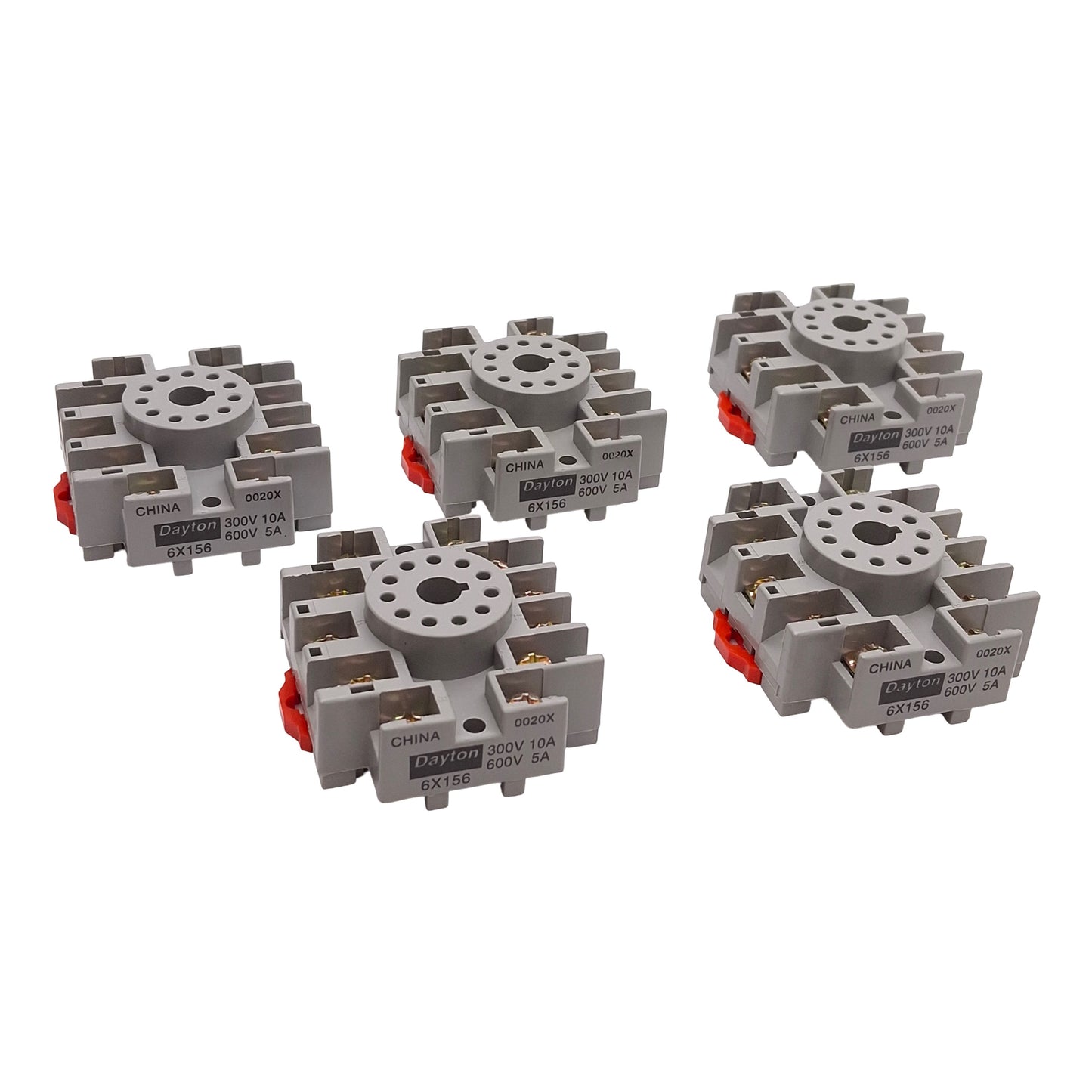 Used Lot of 5 Dayton 6X156 Relay Socket Base, 10A 300VAC, 11-Pin Octal, DIN Rail