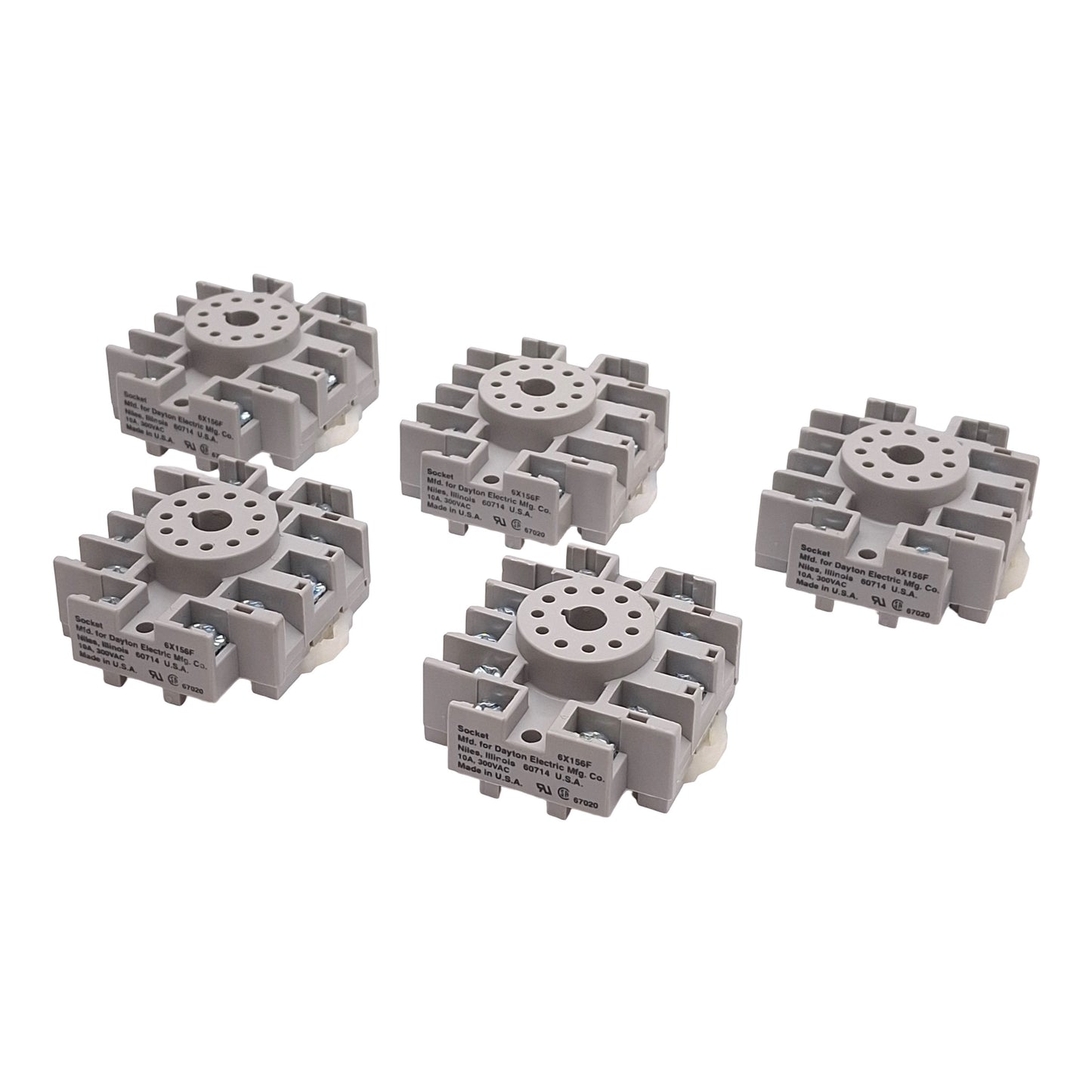 Used Lot of 5 Dayton 6X156F Relay Socket Base, 10A 300VAC, 11-Pin Octal, DIN Rail