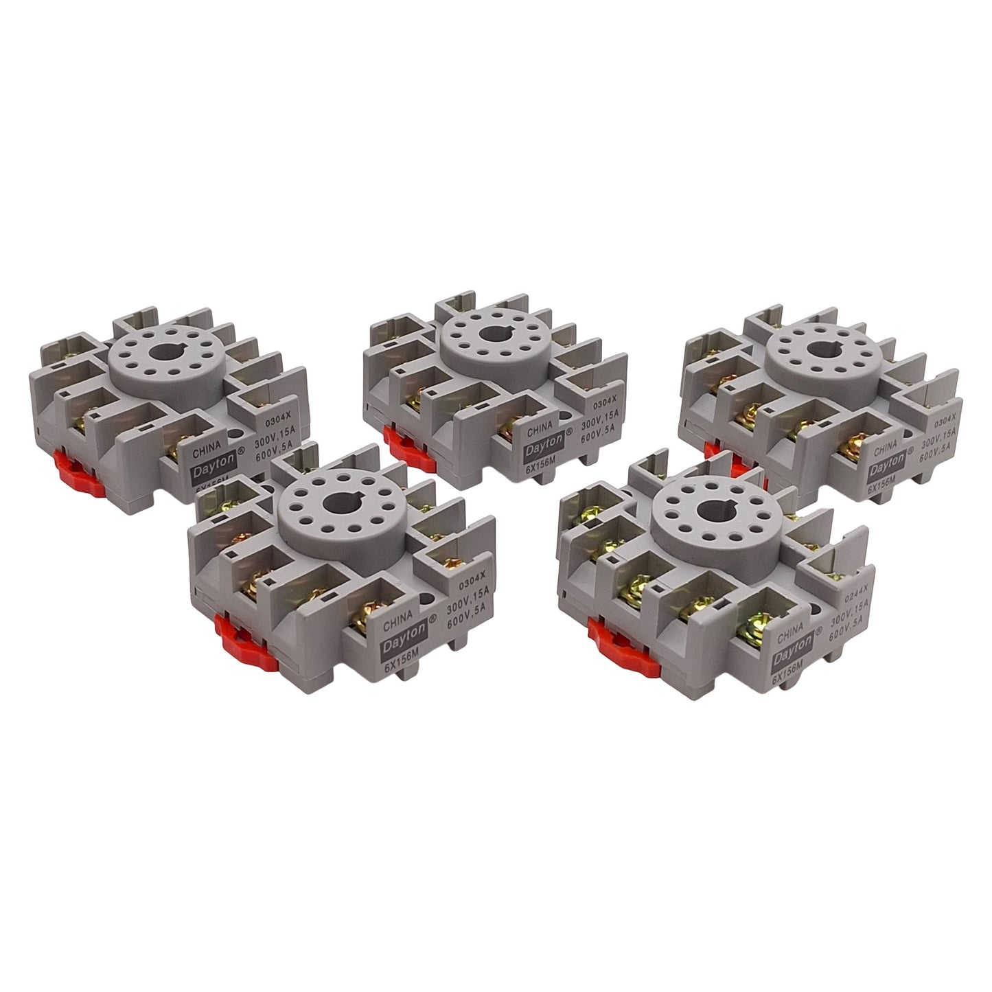 Used Lot of 5 Dayton 6X156M Relay Socket Base, 15A 300VAC, 11-Pin Octal, DIN Rail