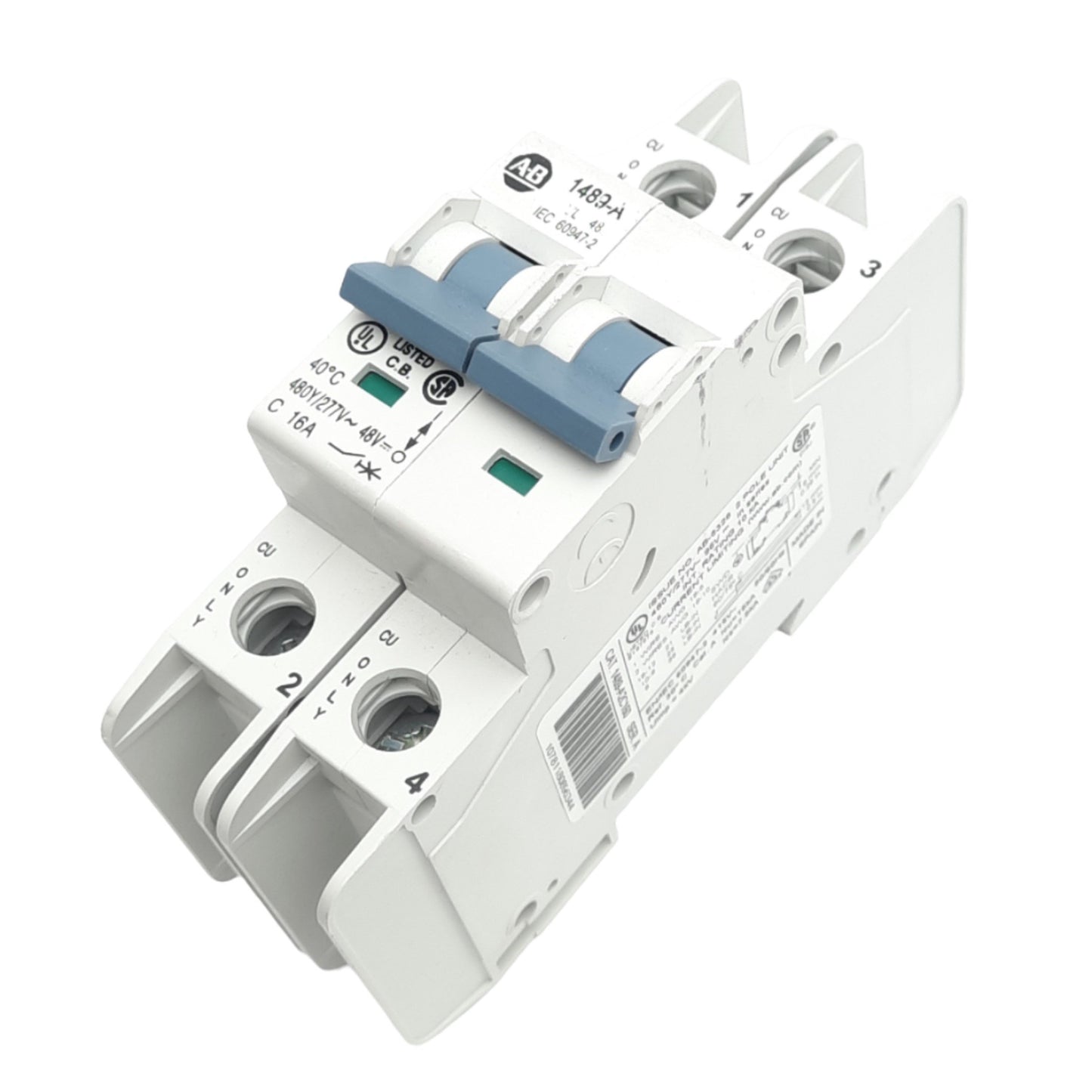 Used Allen Bradley 1489-A2C160 Circuit Breaker, 2-Pole, 16A, 480Y/277VAC, DIN Rail