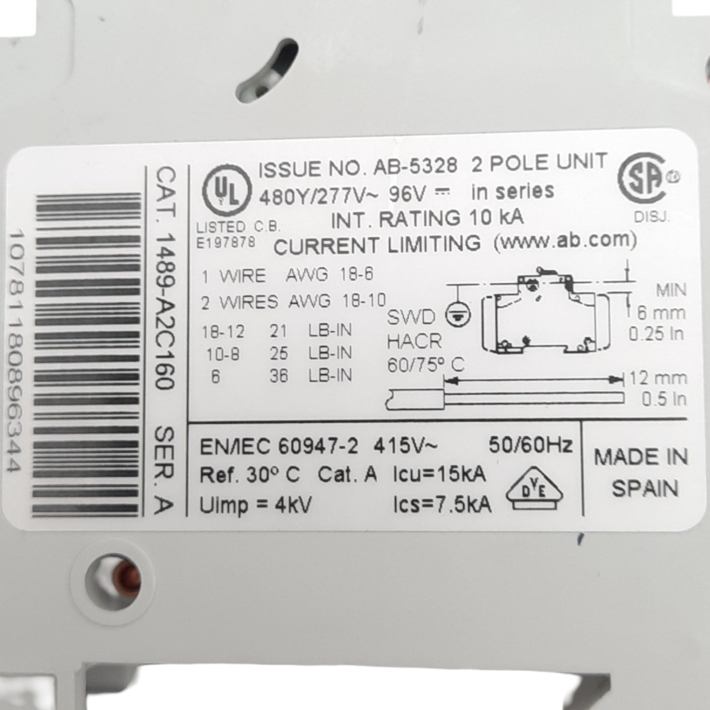 Used Allen Bradley 1489-A2C160 Circuit Breaker, 2-Pole, 16A, 480Y/277VAC, DIN Rail