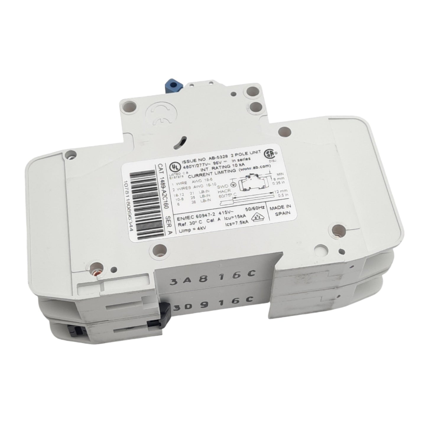 Used Allen Bradley 1489-A2C160 Circuit Breaker, 2-Pole, 16A, 480Y/277VAC, DIN Rail