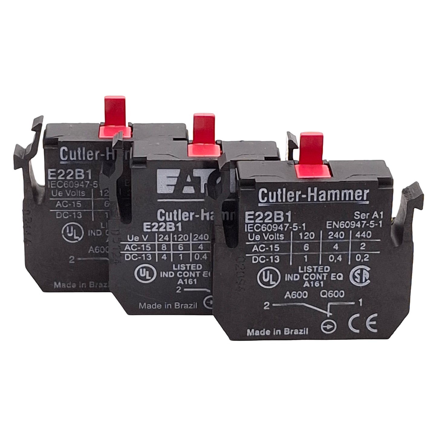 Used Lot of 3 Cutler Hammer E22B1 Pushbutton Contact Block, 22.5mm, 1NC, 6A 120VAC