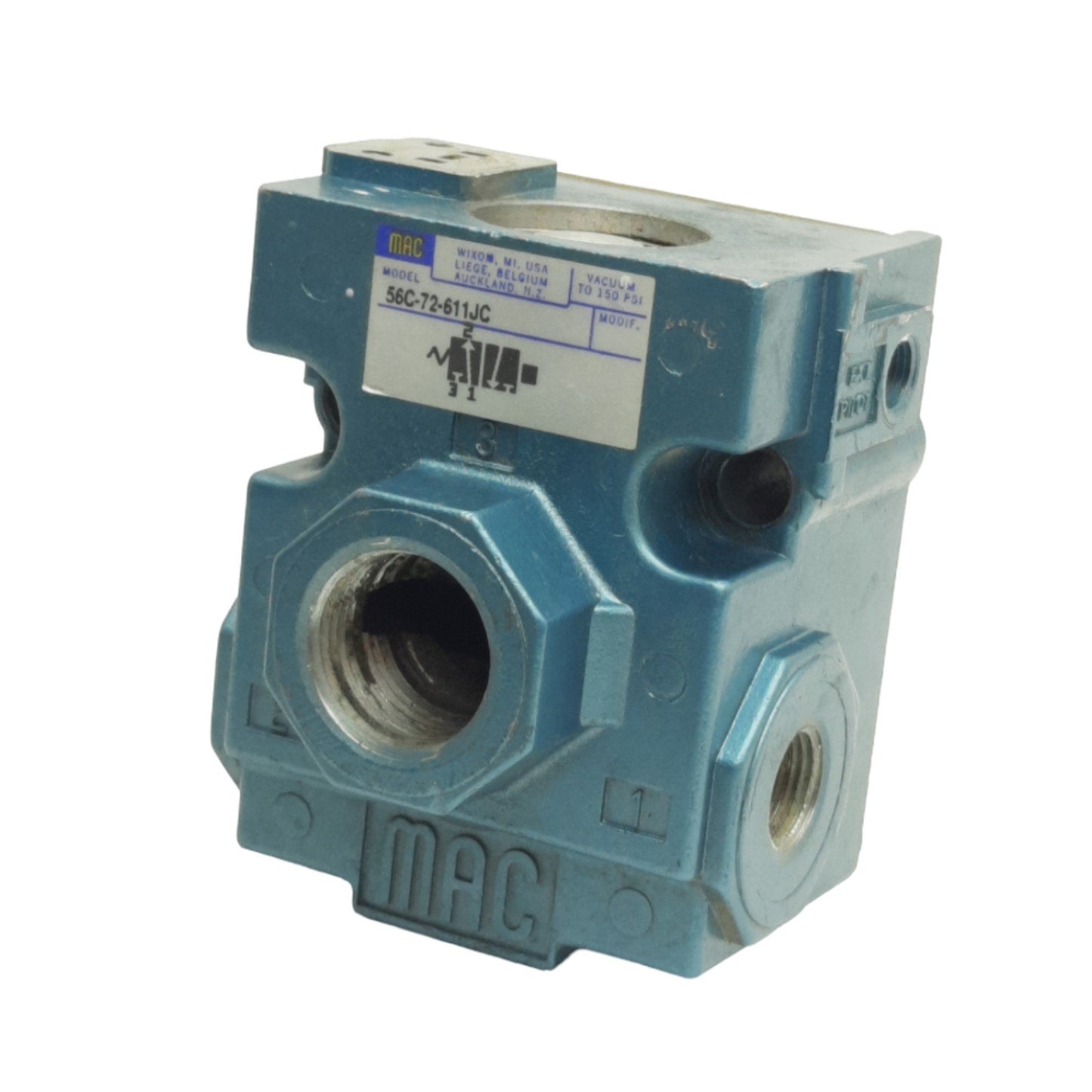 Used Mac Valves 56C-72-611JC Pneumatic Valve, 3/2 Way NC, 3/8in NPTF, *No Solenoid*