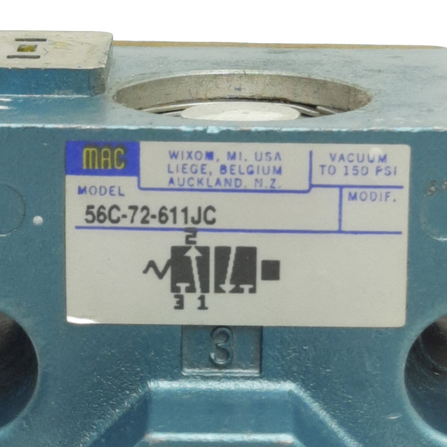 Used Mac Valves 56C-72-611JC Pneumatic Valve, 3/2 Way NC, 3/8in NPTF, *No Solenoid*