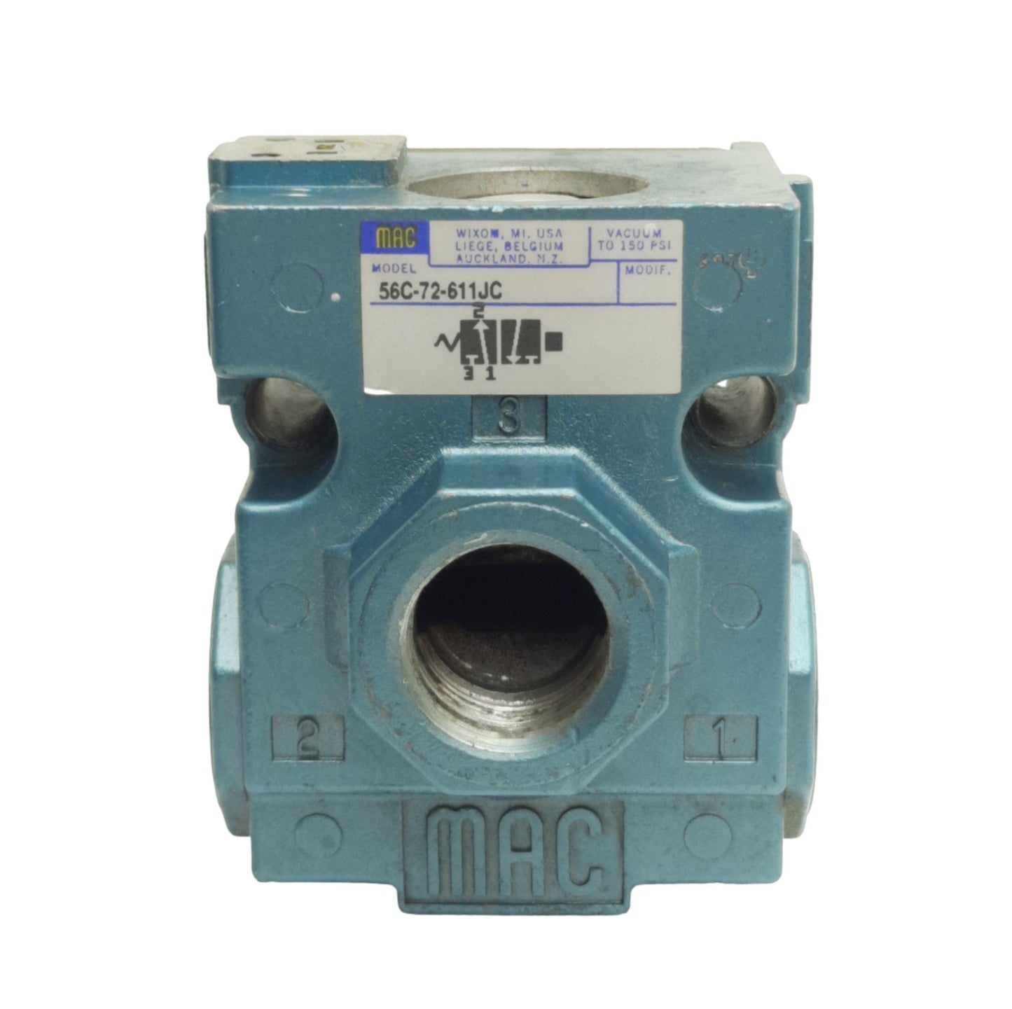 Used Mac Valves 56C-72-611JC Pneumatic Valve, 3/2 Way NC, 3/8in NPTF, *No Solenoid*