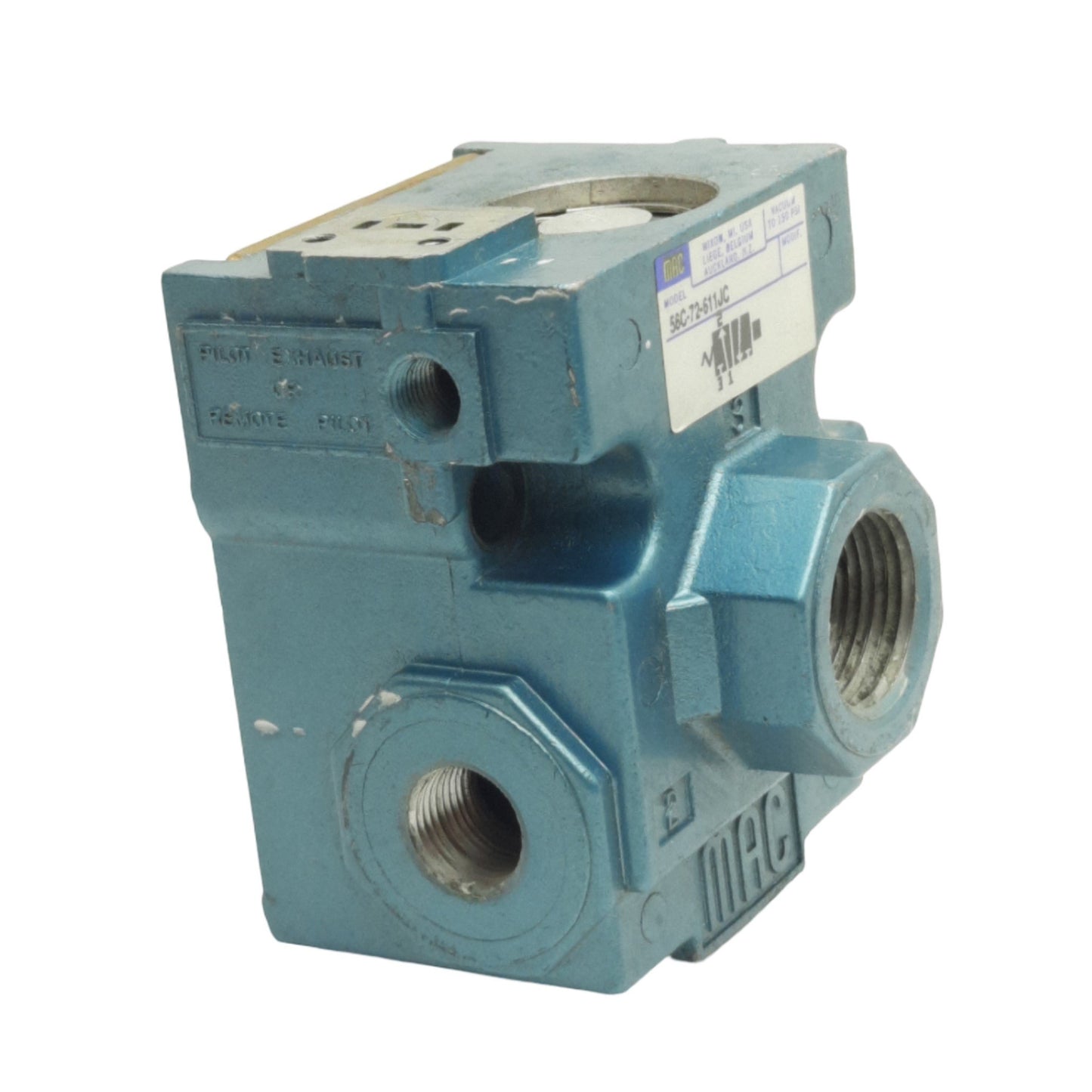 Used Mac Valves 56C-72-611JC Pneumatic Valve, 3/2 Way NC, 3/8in NPTF, *No Solenoid*