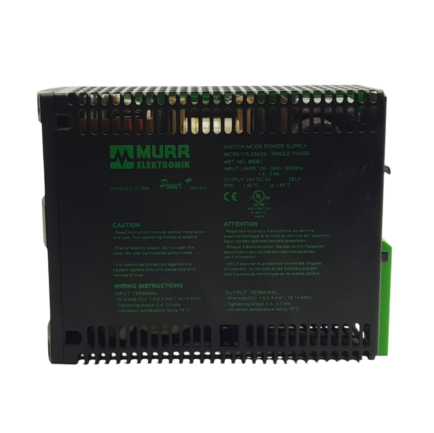 Used Phoenix Contact MCS5-115-230/24 85061 Power Supply, 100-240VAC In, 24VDC 5A Out