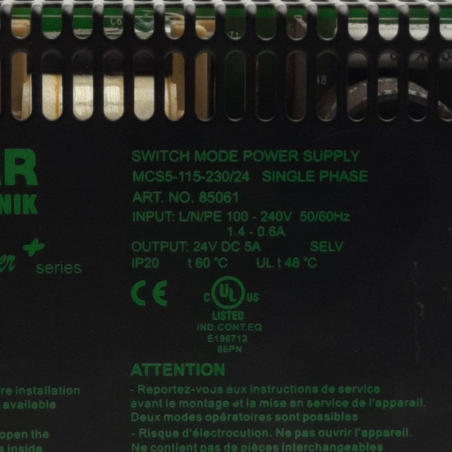 Used Phoenix Contact MCS5-115-230/24 85061 Power Supply, 100-240VAC In, 24VDC 5A Out