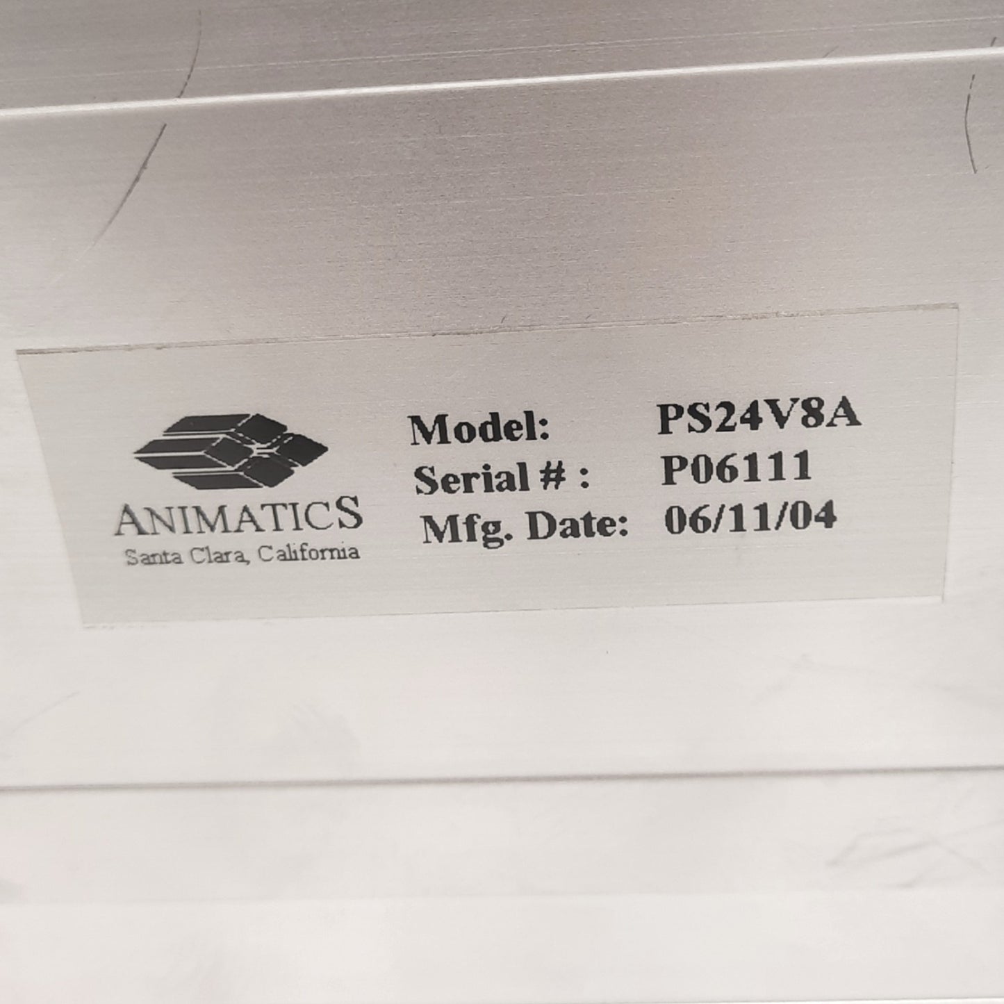 Used Animatics PS24V8AG-110 Closed Frame Power Supply For Servo Motors, 110VAC In