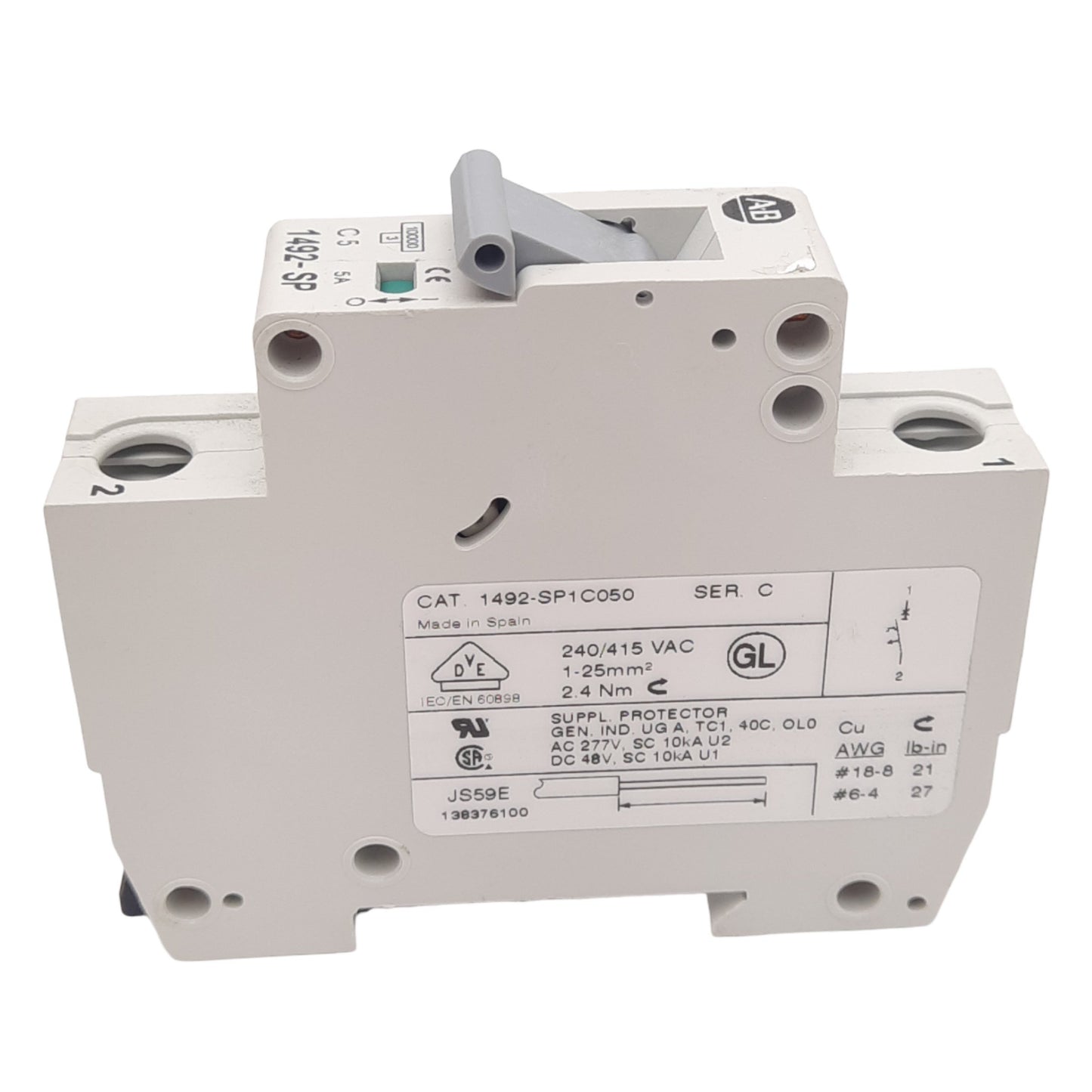 Used Allen Bradley 1492-SP1C050 Circuit Breaker, 1-Pole, 5A, 240/415VAC Max, DIN Rail