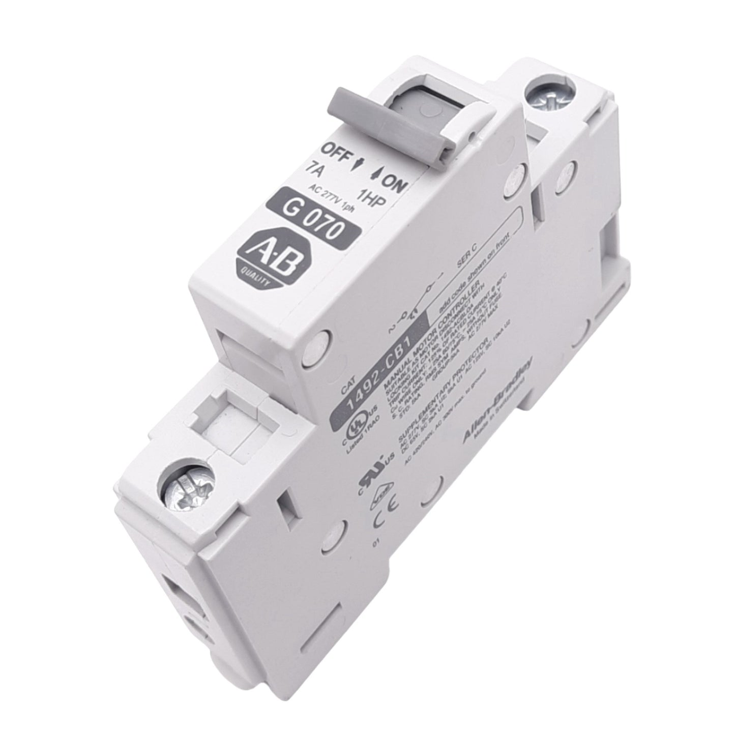 Used Allen Bradley 1492-CB1G070 Circuit Breaker, 1-Pole, 7A, 277VAC Max, DIN Rail