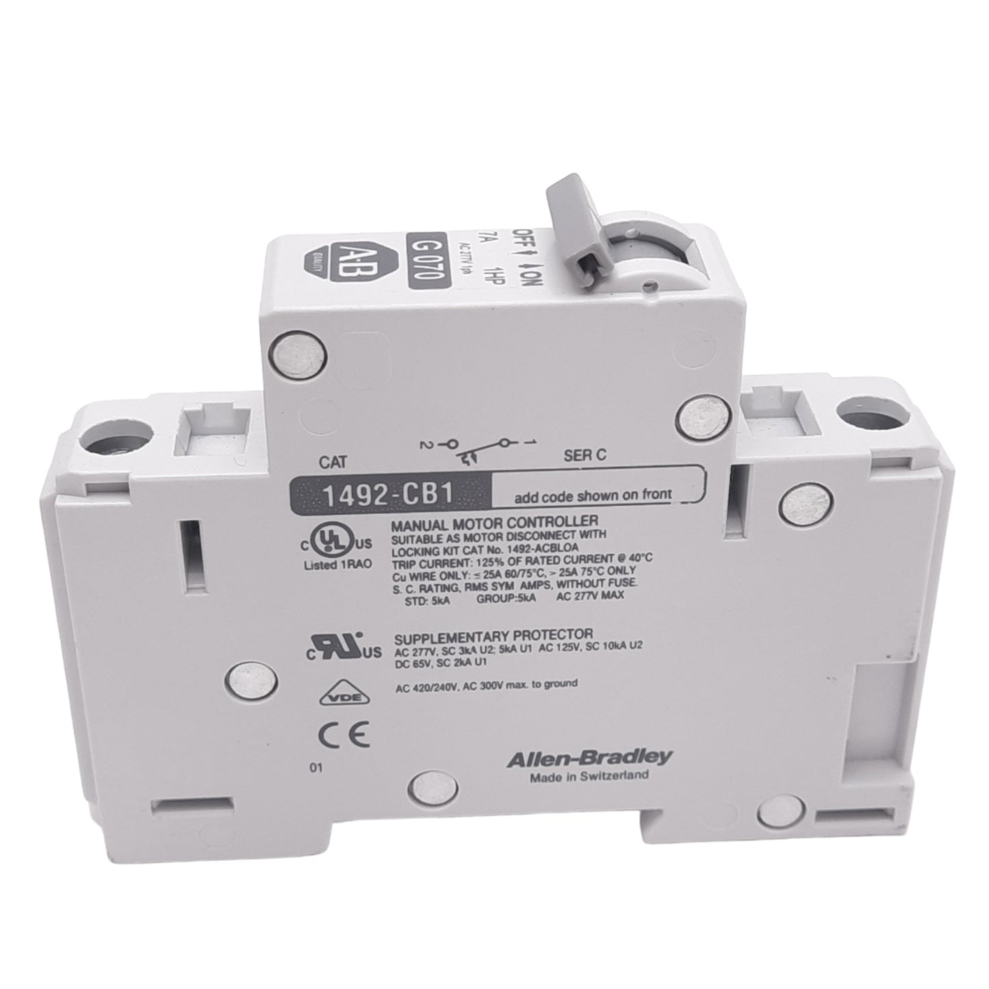 Used Allen Bradley 1492-CB1G070 Circuit Breaker, 1-Pole, 7A, 277VAC Max, DIN Rail