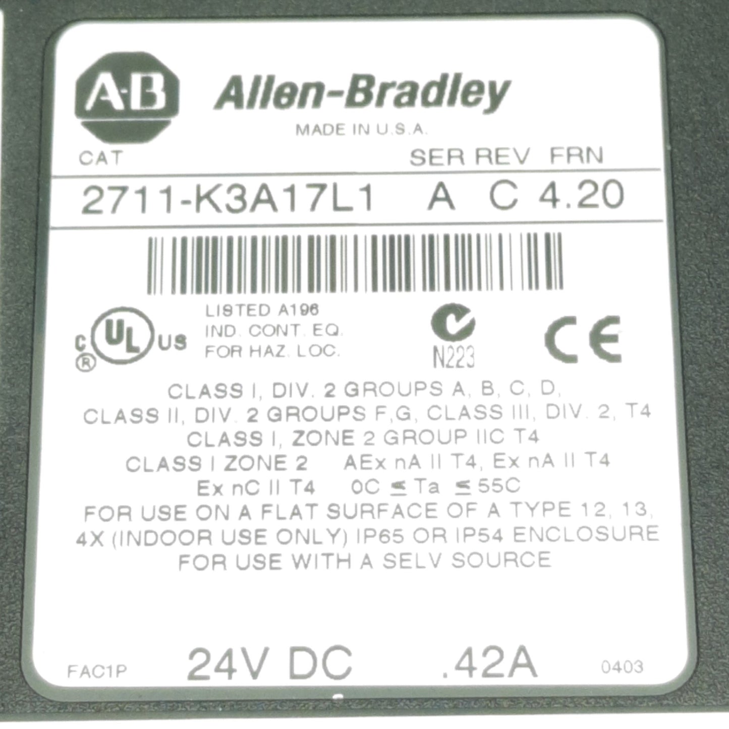 Used Allen Bradley 2711-K3A17L1 PanelView 300 24VDC Input, 128 x 64 Resolution