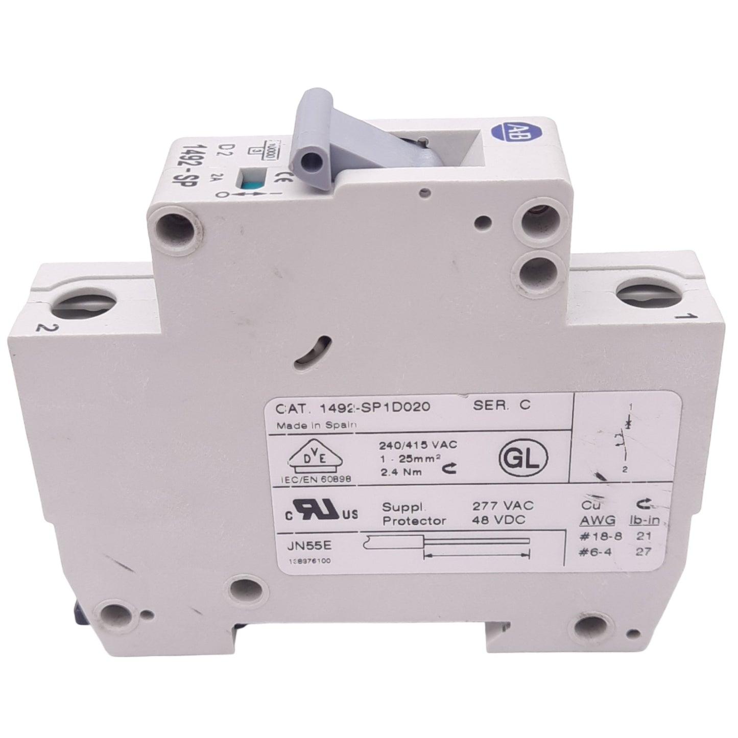 Used Allen Bradley 1492-SP1D020 Circuit Breaker, 1-Pole, 2A, 277VAC Max, DIN Rail