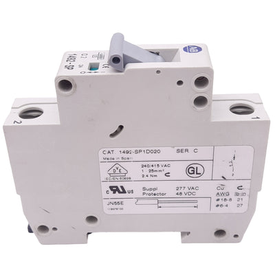 Used Allen Bradley 1492-SP1D020 Circuit Breaker, 1-Pole, 2A, 277VAC Max, DIN Rail