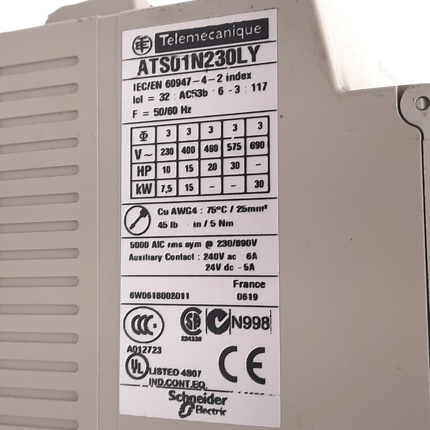 Used Telemecanique ATS01N230LY Altistart 01 Soft Starter for Asynchronous Motor, 30hp