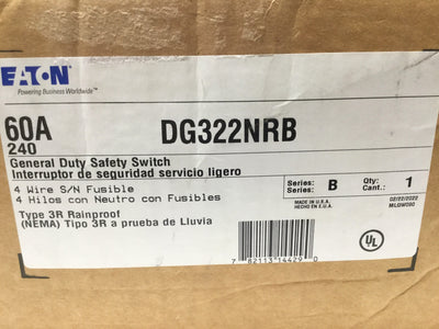 New – Open box Eaton DG322NRB Safety Disconnect Switch 3-Pole, 60A, 240VAC, Class H Fusible