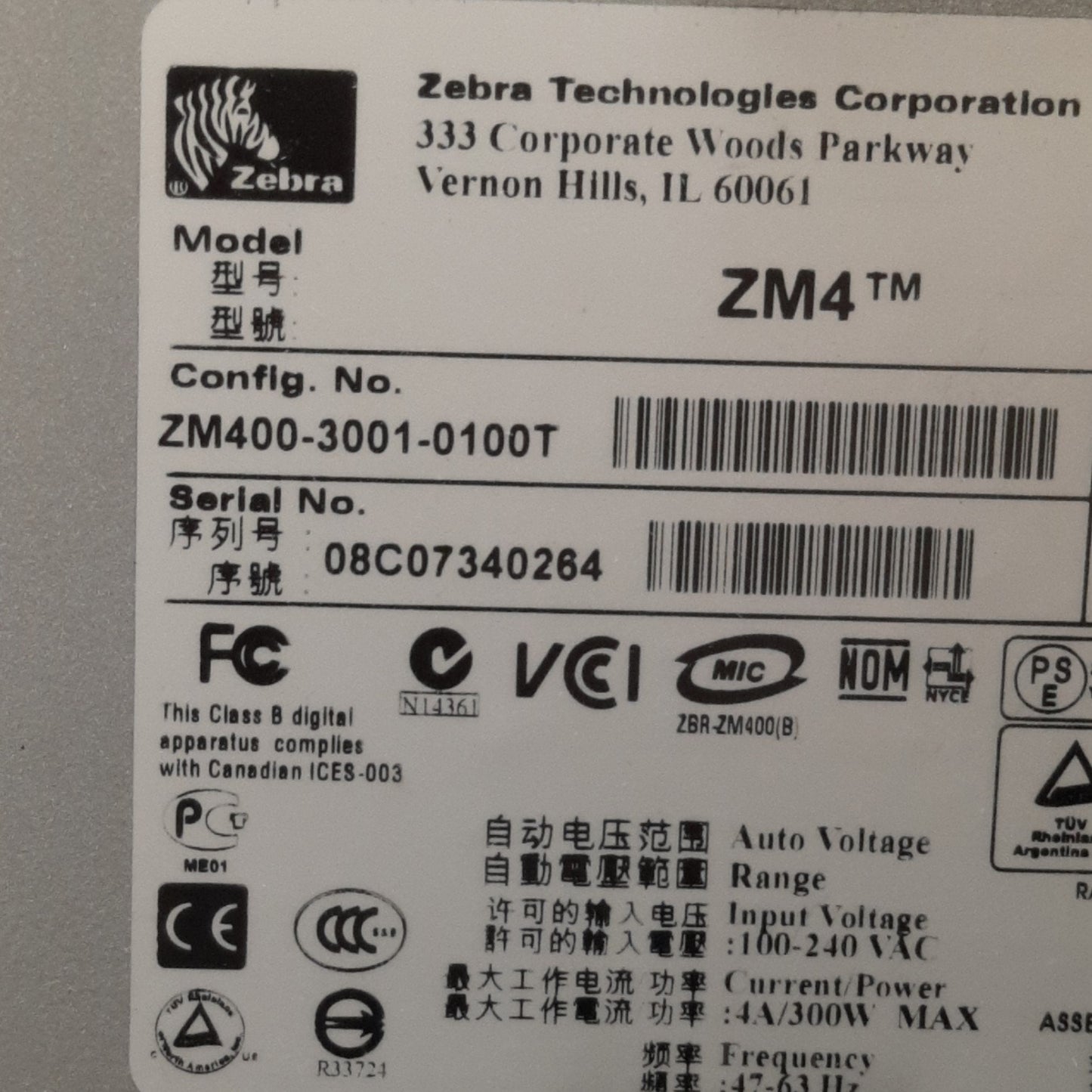 Used Zebra ZM400 Thermal Label Printer 300dpi, 8in/sec, 4.09in Width, 100-240VAC